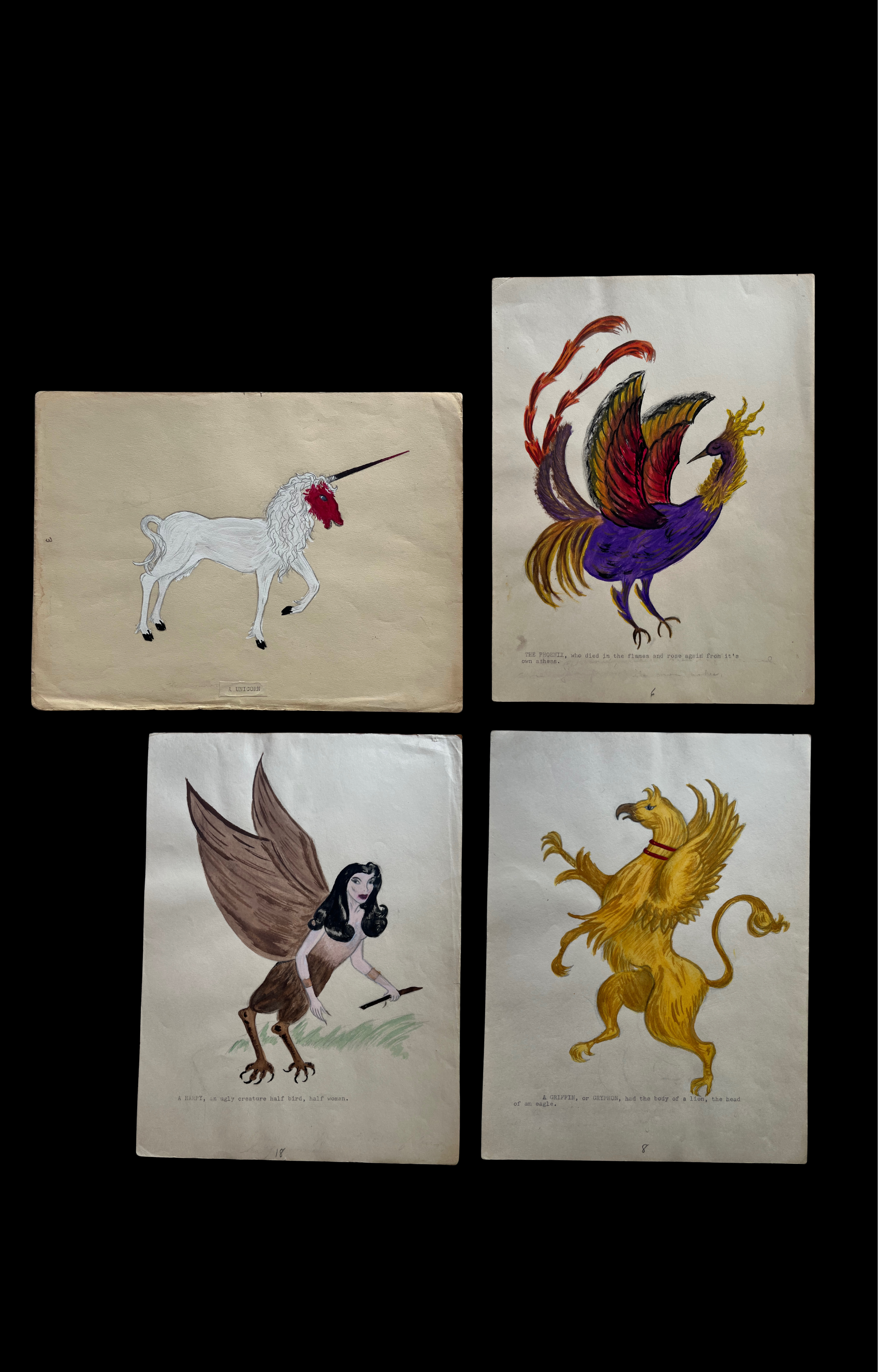 Set of 4 ~ Naive Drawings of Mythological Creatures with Type Written Descriptions, c. 1950’s