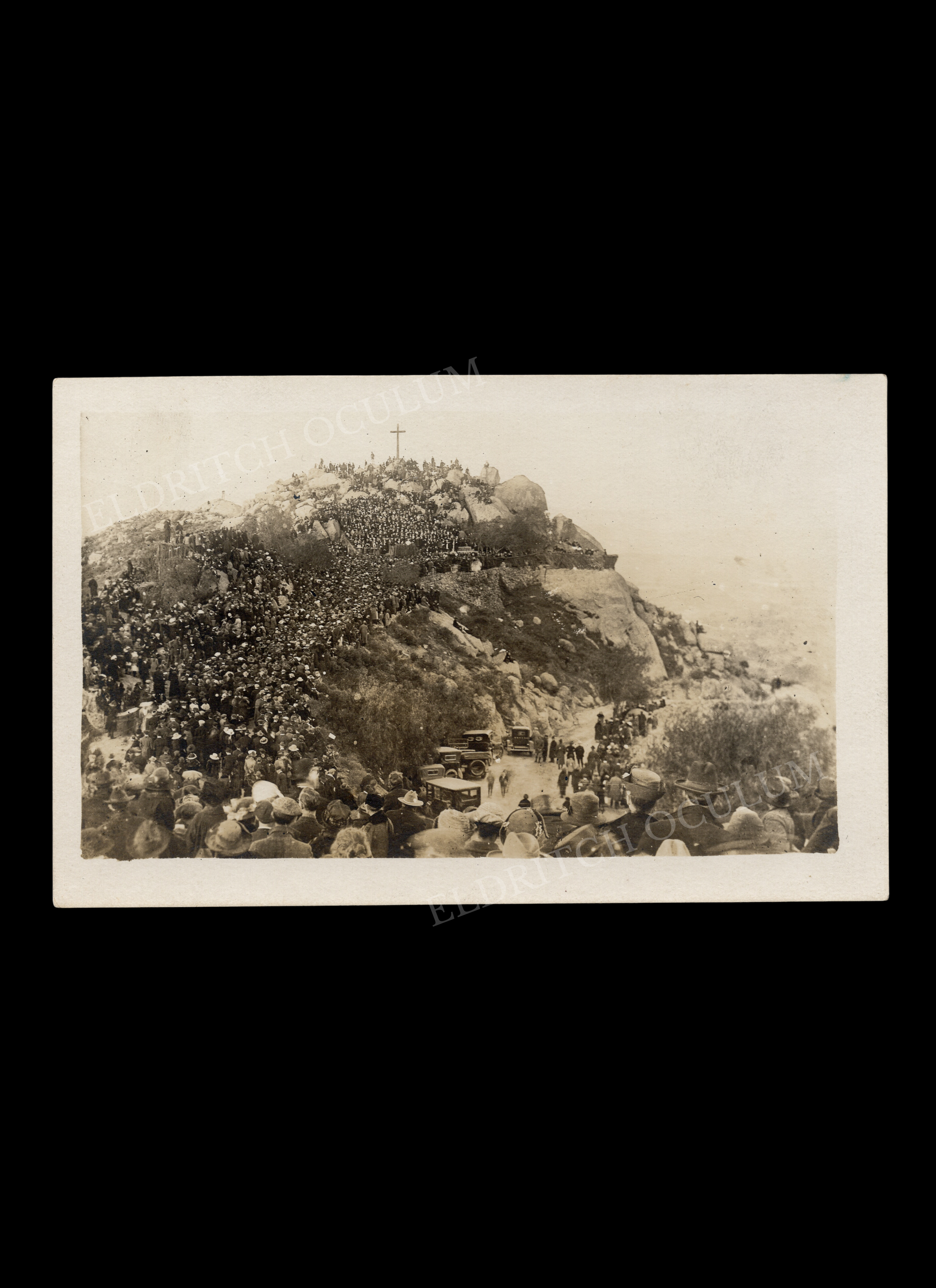 Hundreds of People Densely Gathered on a Mountain with Cross at Summit, real-photo postcard, c. 1920