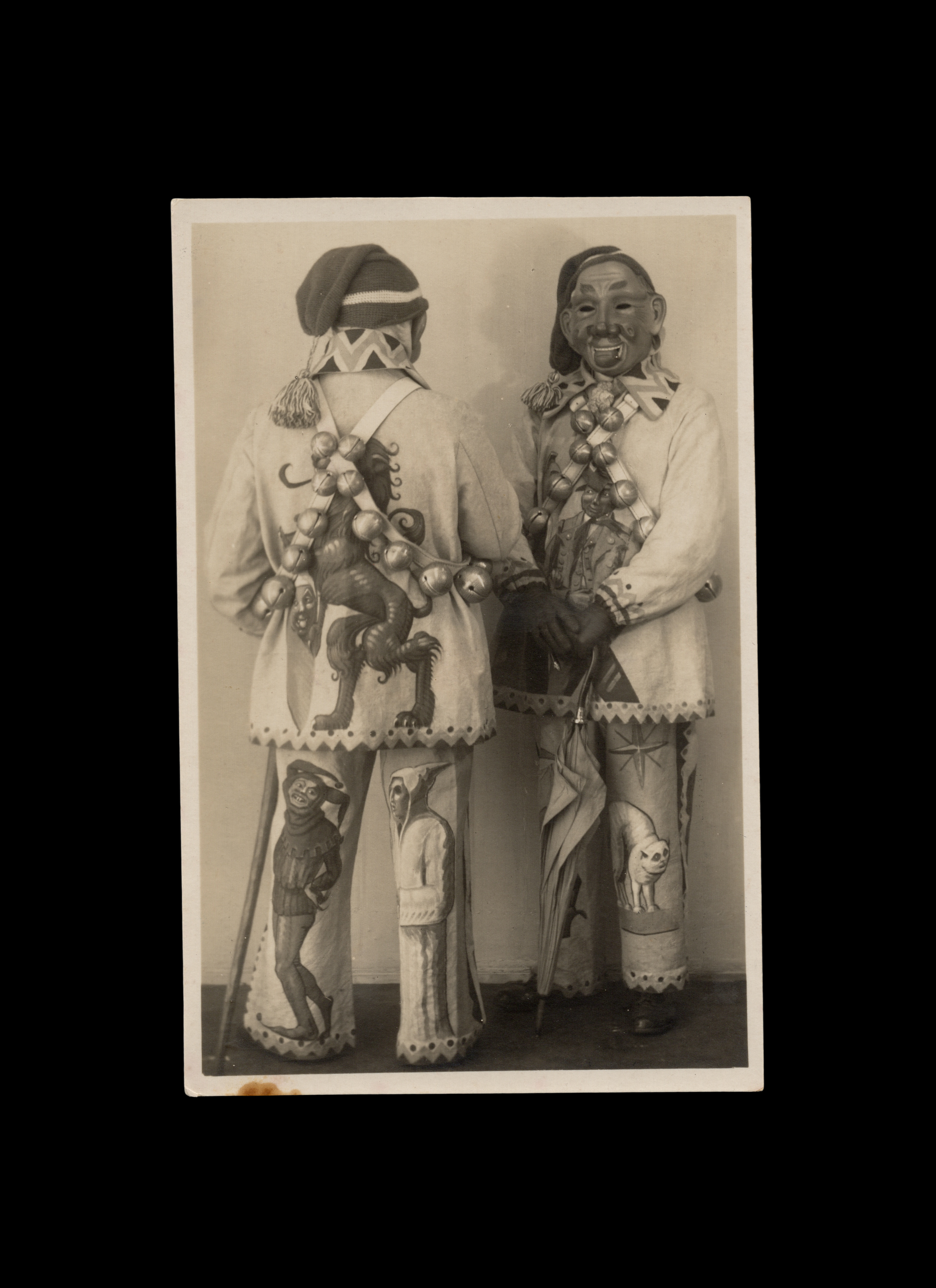 Pflumeschlucker (Black Forest Plum-Swallower) Traditional Fools Guild Costume from Bonndorf, Germany, real-photo postcard, c. 1930