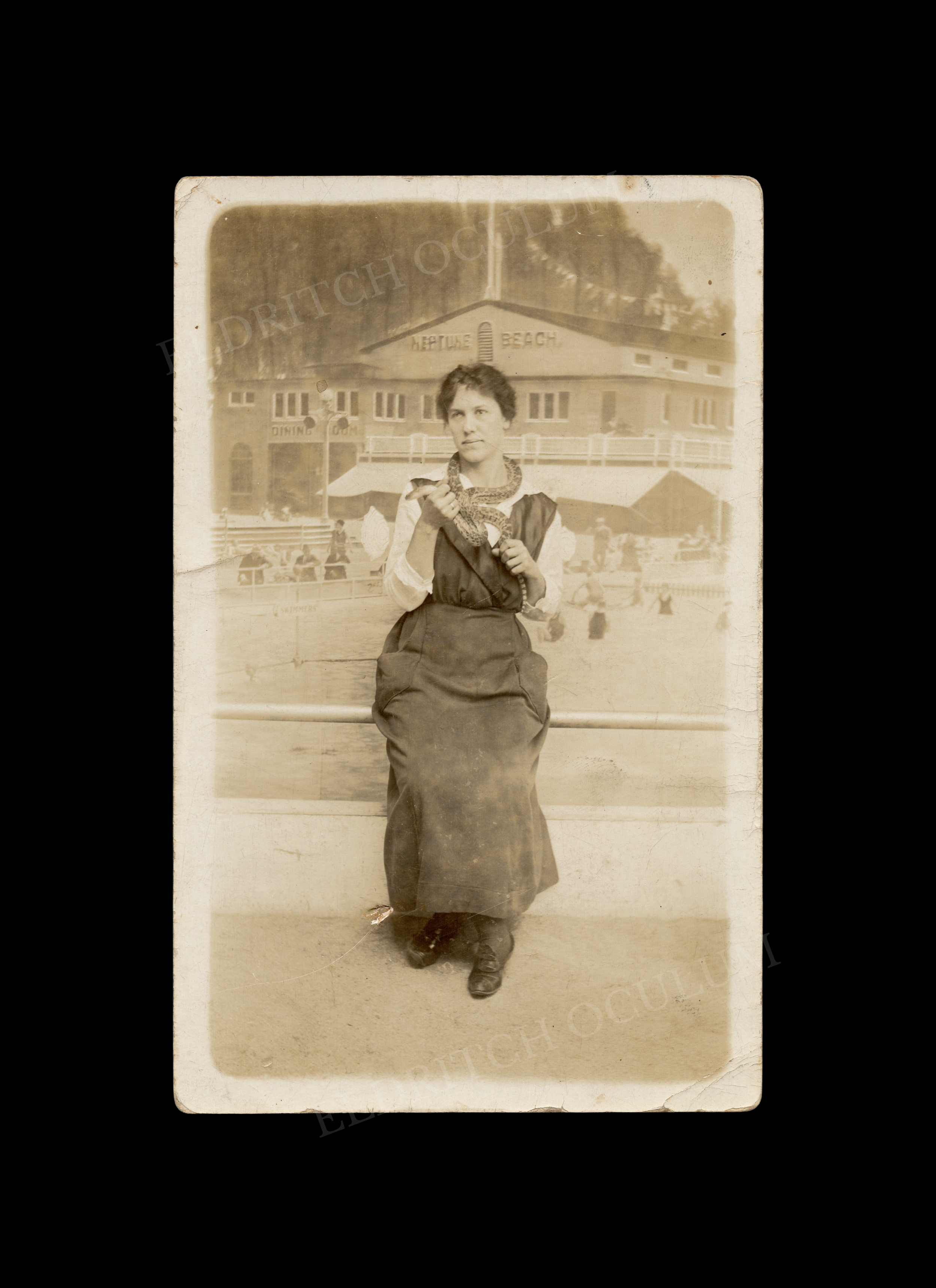 Neptune Beach Snake Handler, real-photo postcard, c. 1920