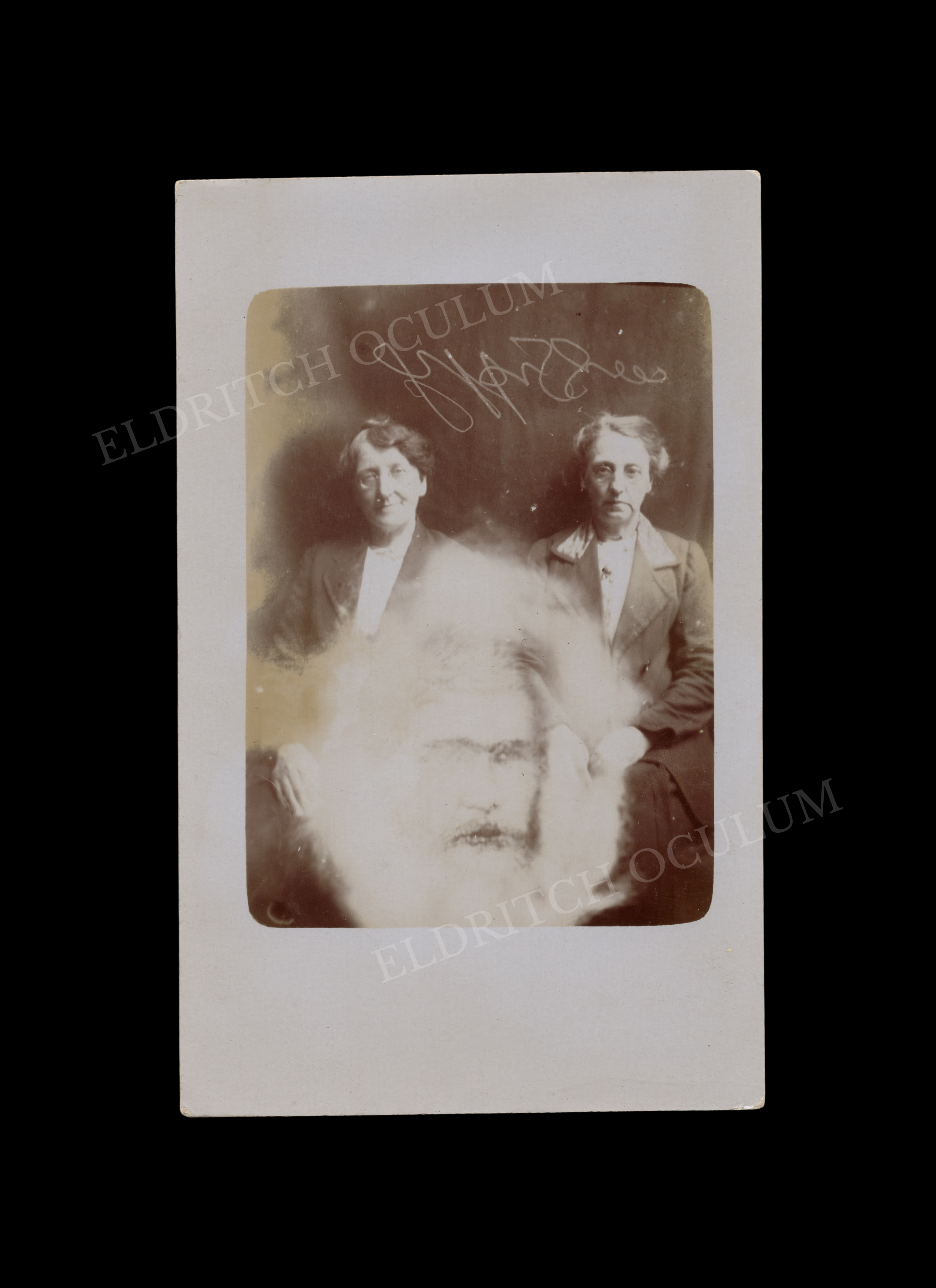 Spirit Photograph (with Spirit Writing), by William Hope (Crewe Circle), real-photo postcard, c. 1920