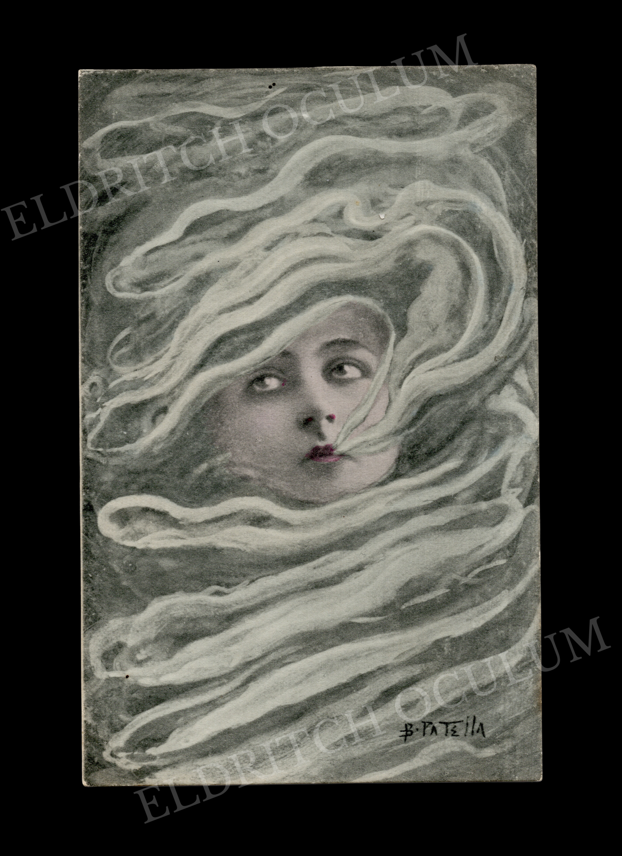Surreal Face in Ghostly Smoke French Lithograph Postcard by B. Patella, c. 1900