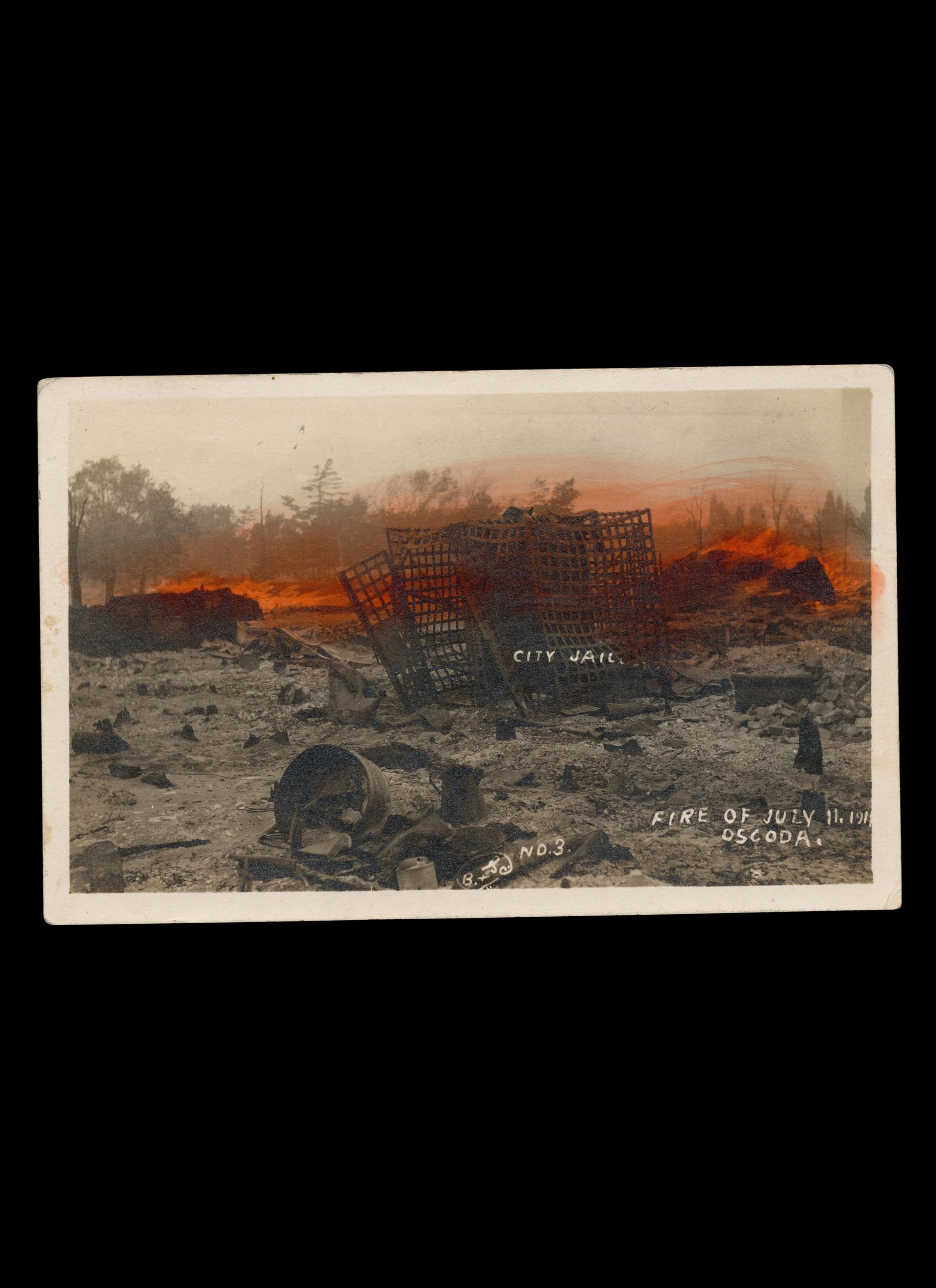 City Jail; Fire of July 11, 1911 Oscoda, Hand-tinted Real-Photo Postcard, c. 1911