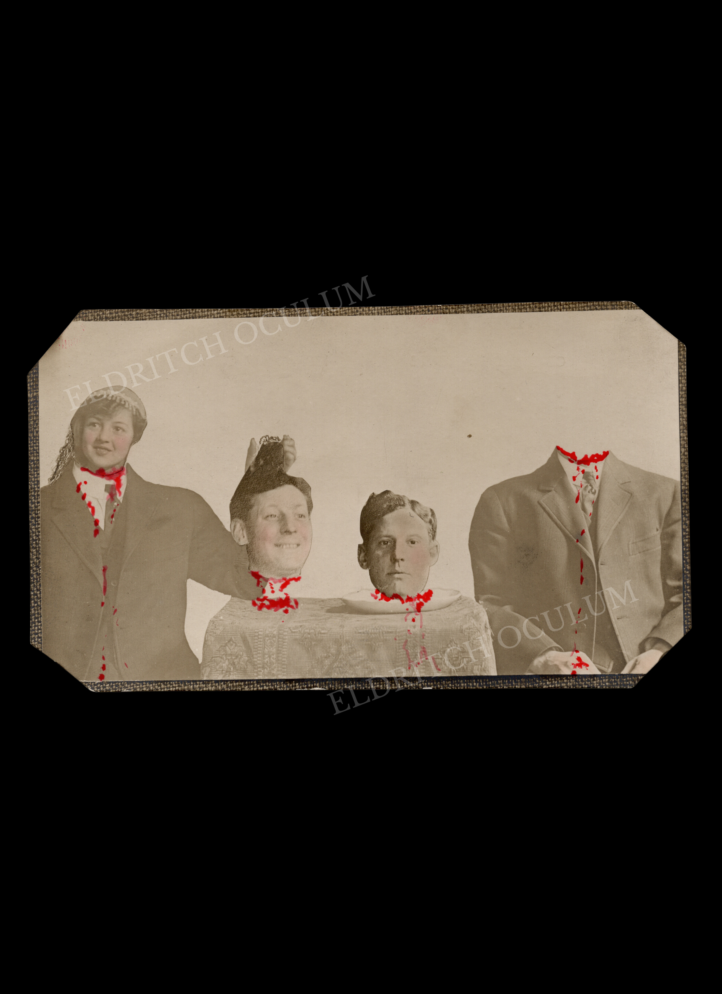 Gruesome Decapitation Photomontage, real-photo postcard with hand-drawn additions in red ink, c. 1910