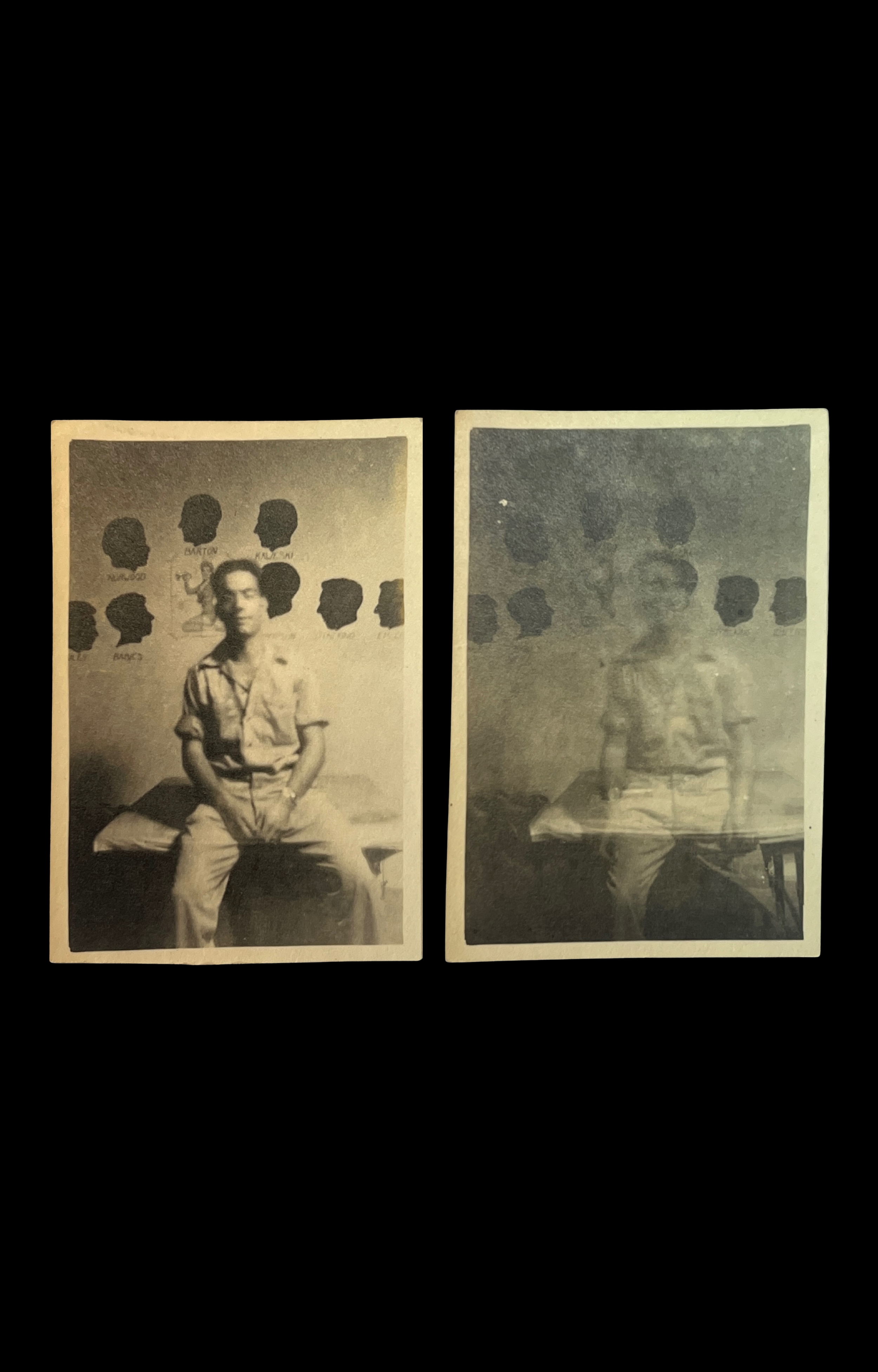 Pair of Snapshots, Man with Silhouettes Portraits on Wall, c. 1940