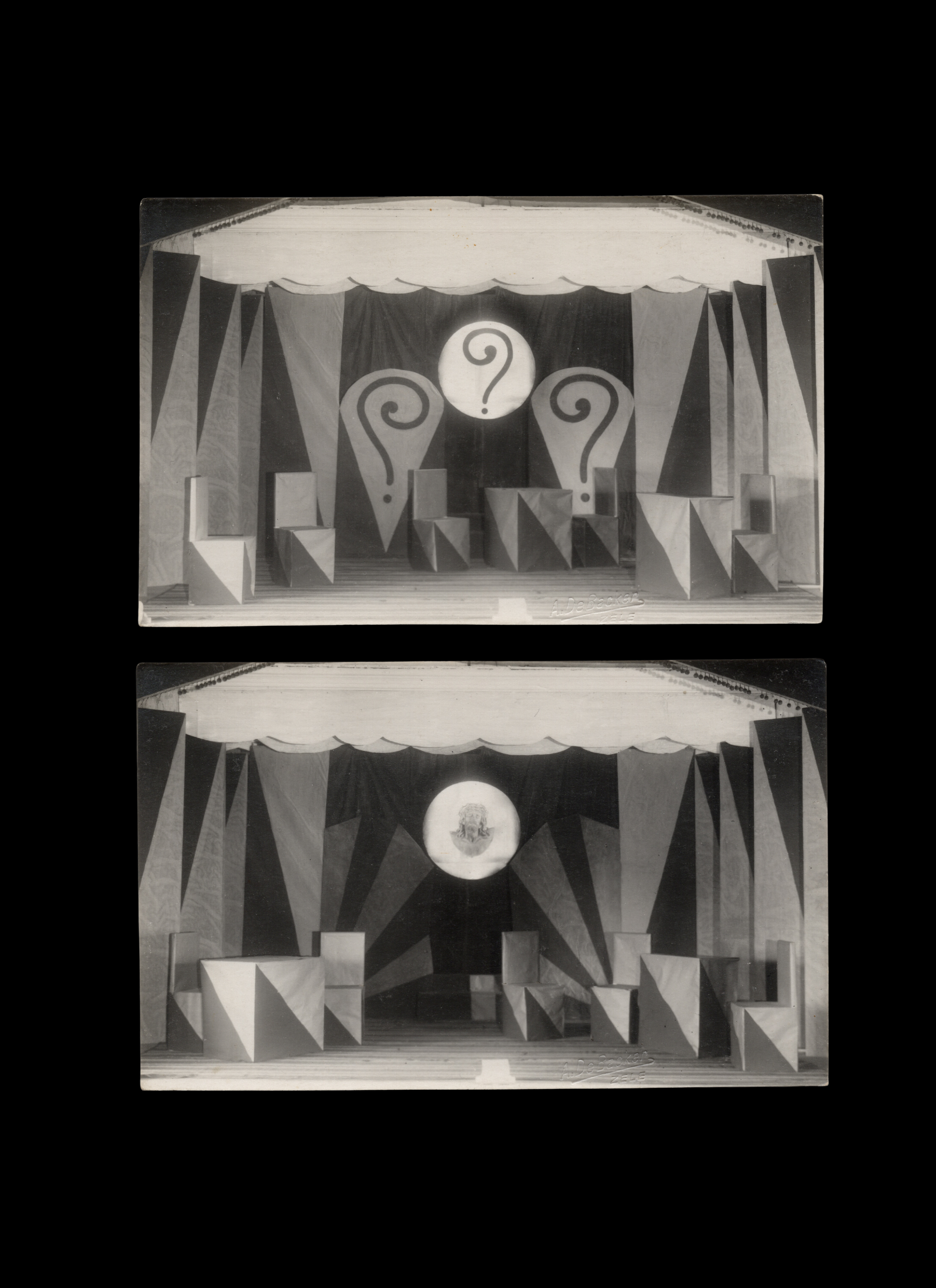 Set of 2 - Modernist Stage with Geometric Forms, Question Marks and Apparition of Christ, by A. De Backer, Zele, real-photo postcards, c. 1930