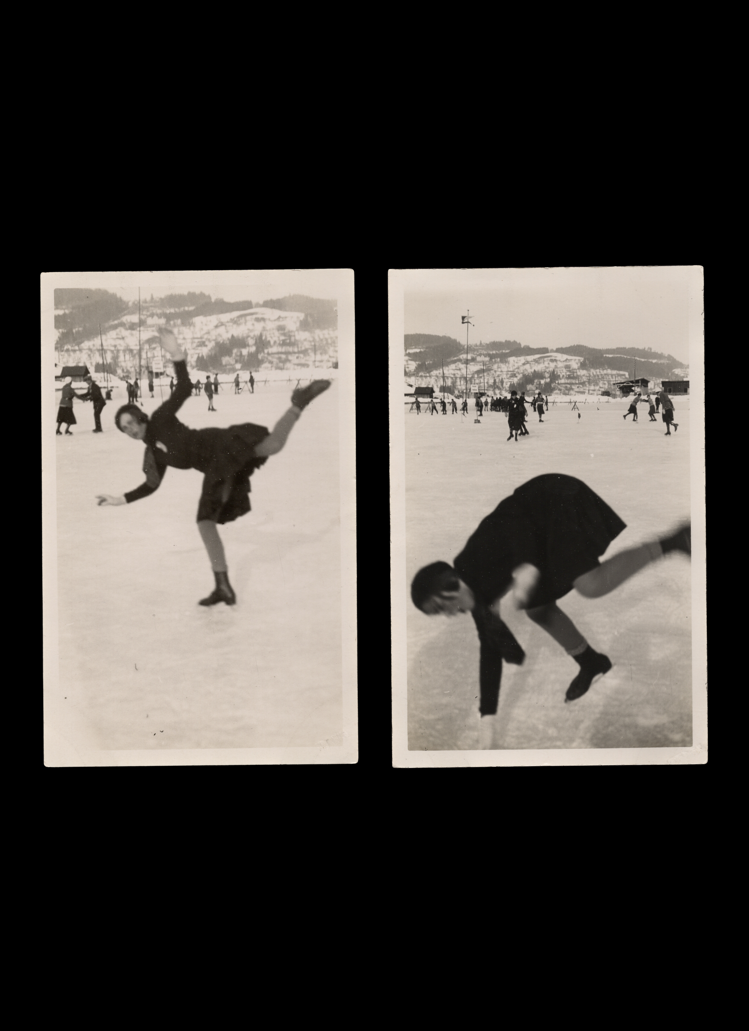 Set of 2 ~ Falling Ice Skater, real-photo postcards, c. 1930