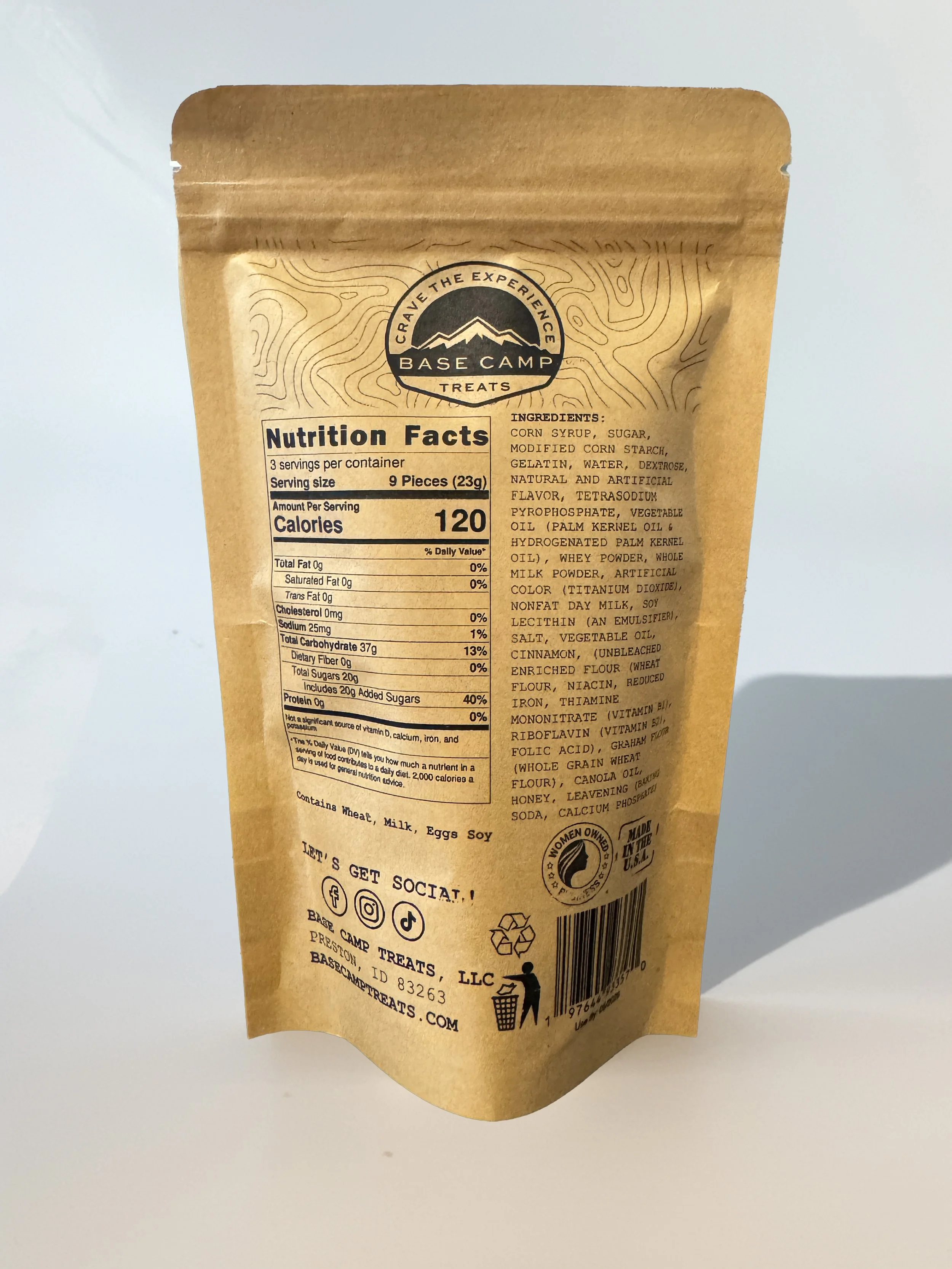 Back of Base Camp Treats Freeze Dried Churro S’mores bag showing nutrition facts, ingredients, and kraft packaging details