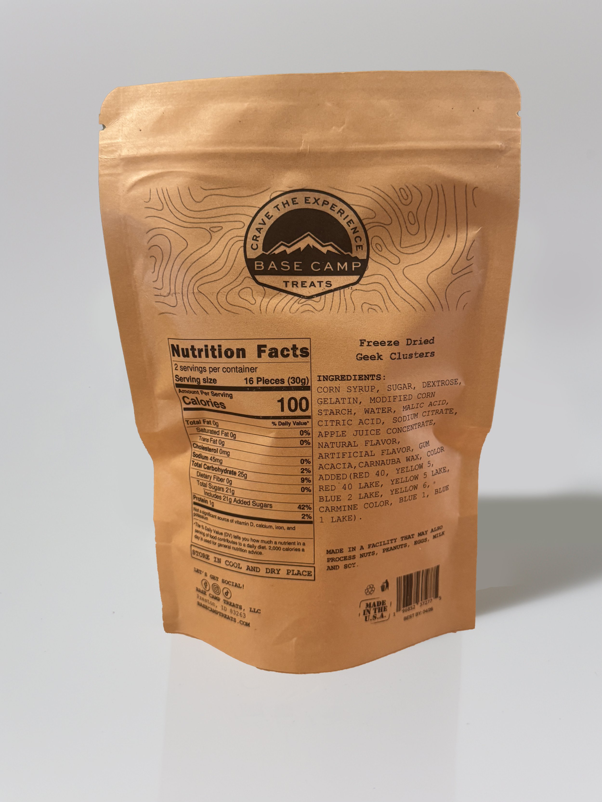 Back of Base Camp Treats Freeze Dried Nerd Gummy Clusters bag showing nutrition facts, ingredients, and kraft packaging design