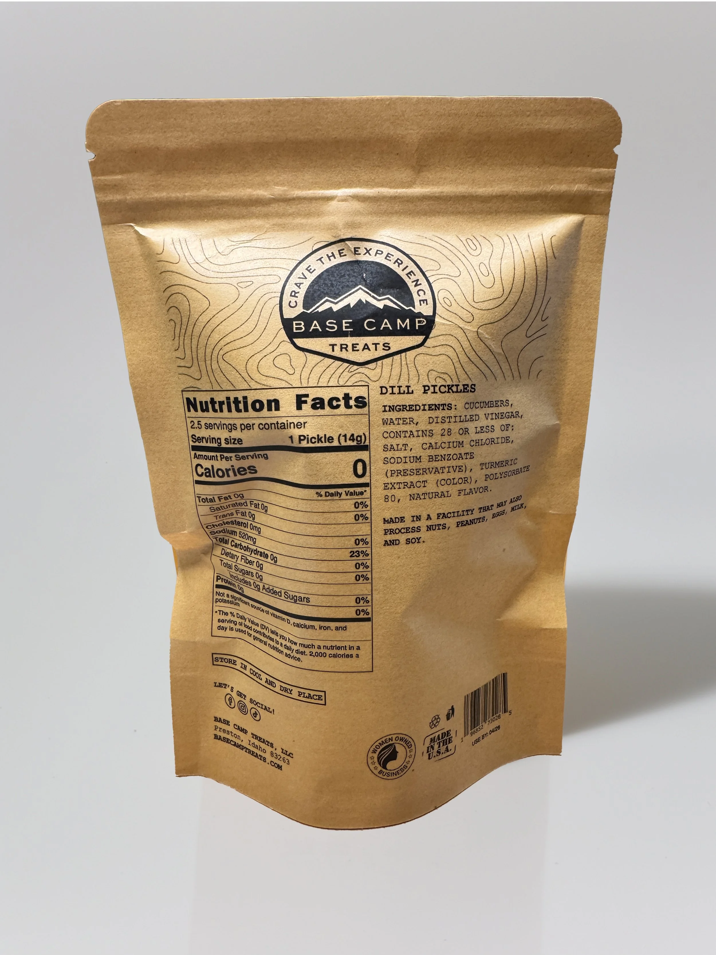 Back of Base Camp Treats Freeze Dried Dill Pickles bag showing nutrition facts, ingredients, and kraft packaging.