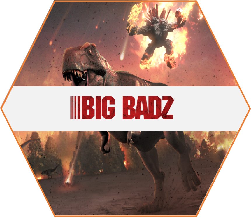 An animated scene featuring dinosaurs, with a T. rex in the foreground and another dinosaur on fire in the background, amidst a fiery landscape with meteors falling from the sky. The text "BIG BADZ" is displayed across the center.