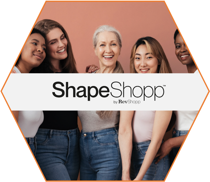 Group of five women smiling, standing together with a sign that says 'ShapeShopp by RevShopp' over their midsection against a pink background.
