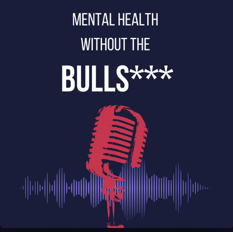 Graphic with the text 'Mental health without the BULLS***', a pink microphone, and a purple sound wave background.