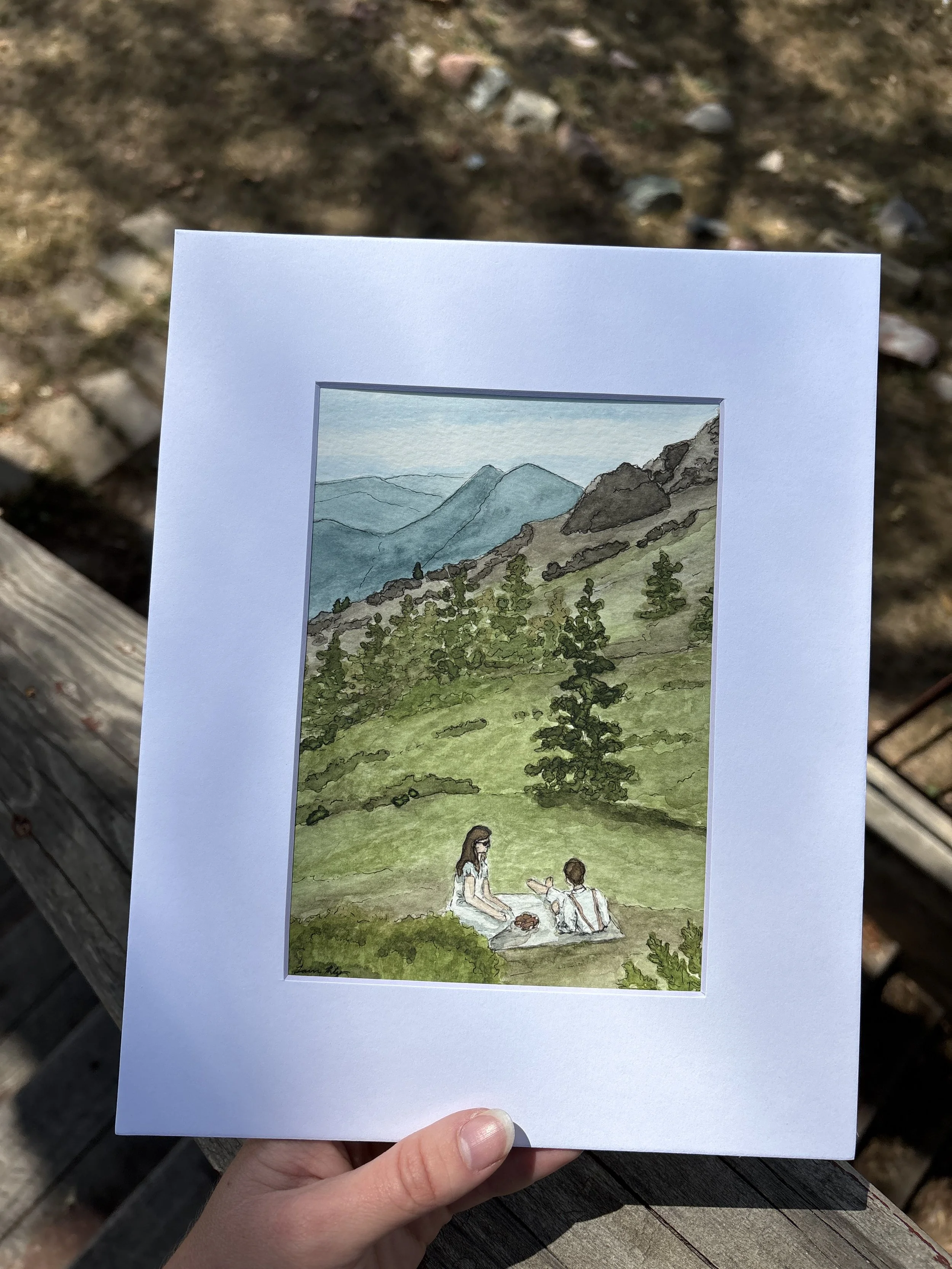 Picnic in the Mountains
/ 5x7" Pen and Watercolor
/ Commission
/ 2026