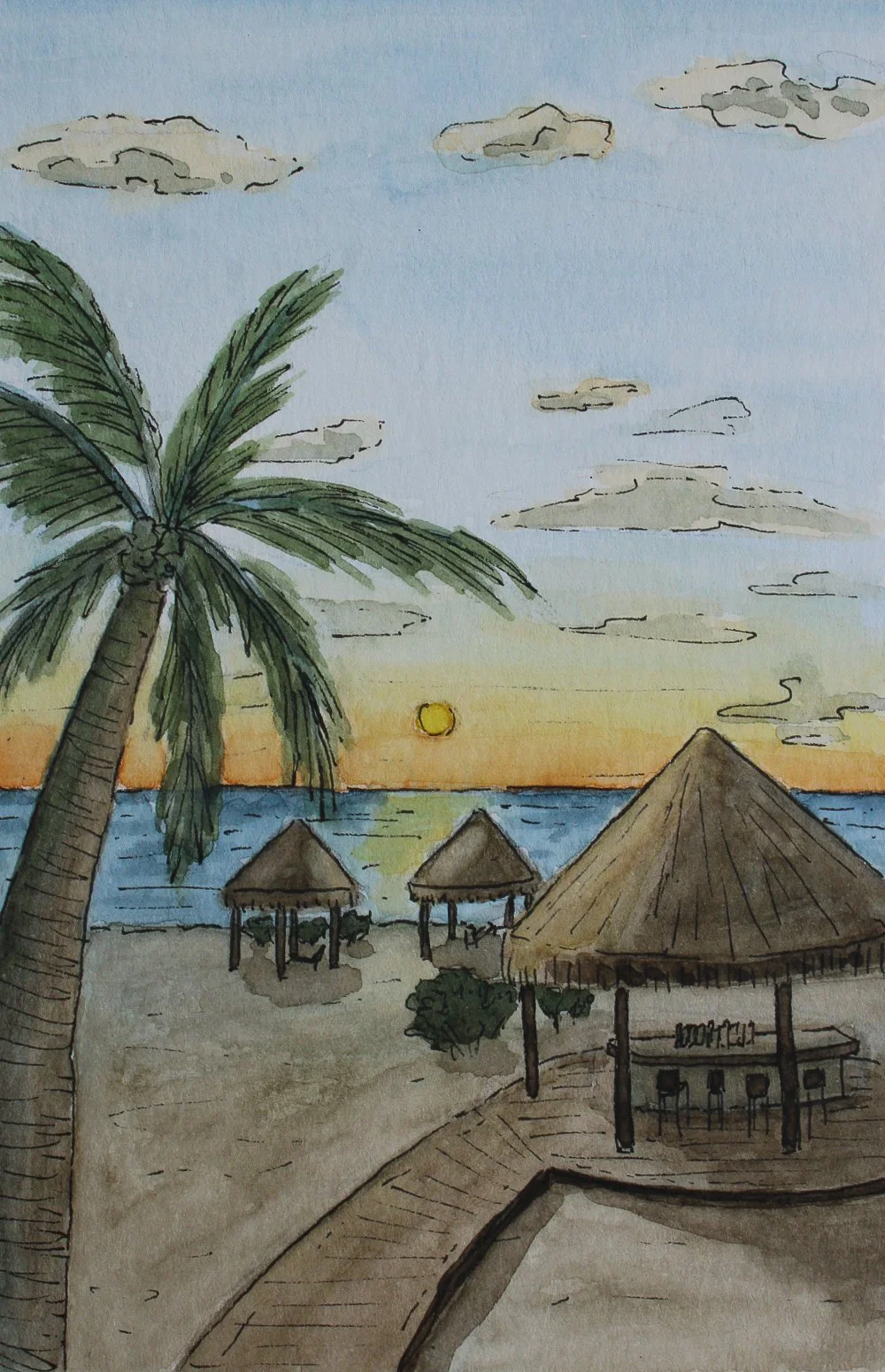 Sunset in Mexico 
/ 4x6" Pen and Watercolor
/ Available for Purchase
/ 2026
