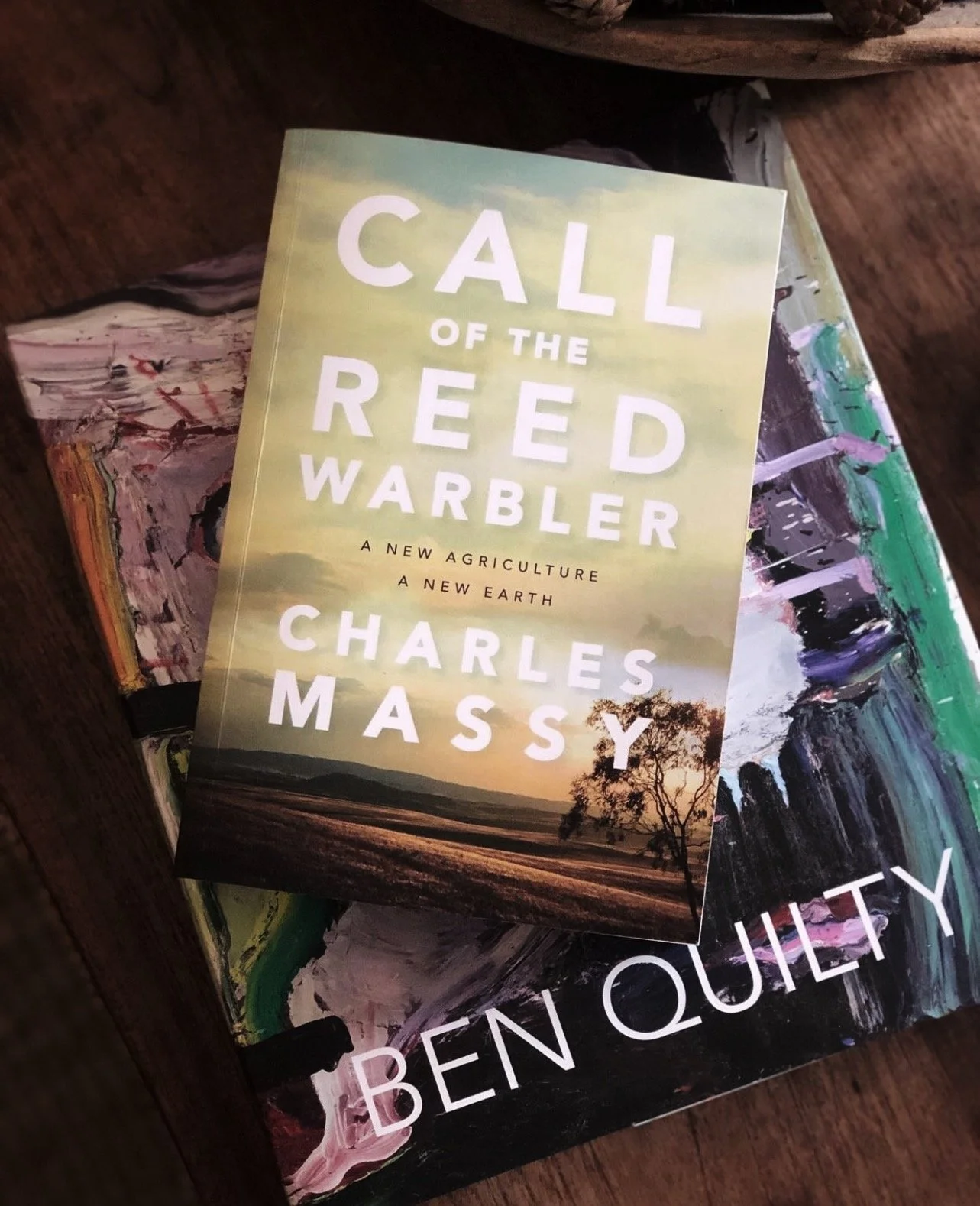 Cover of the book titled 'Call of the Reed Warbler' by Charles Massy, featuring a landscape with a tree at sunset or sunrise.