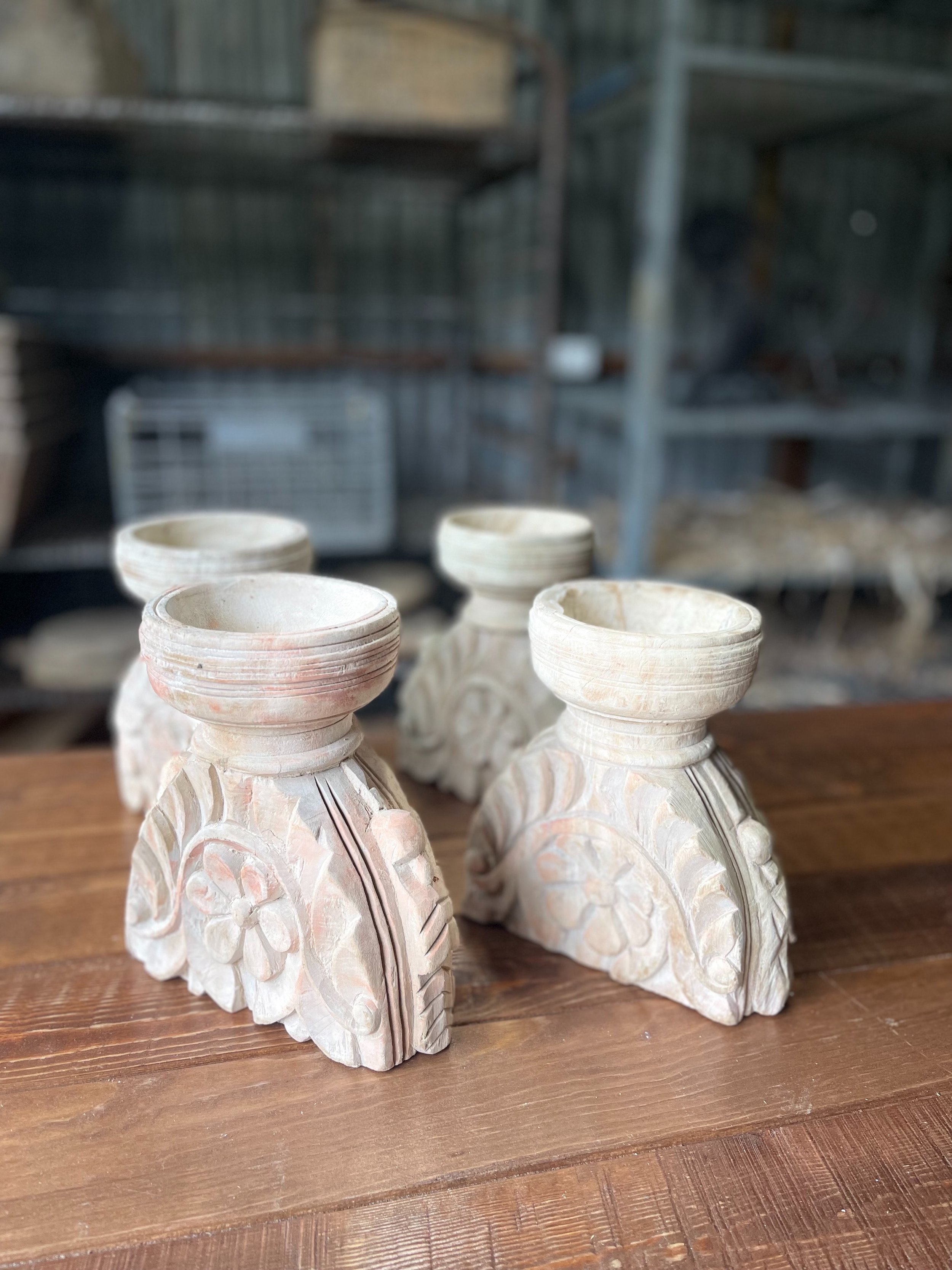 Hand carved timber candlesticks from India set of 2
