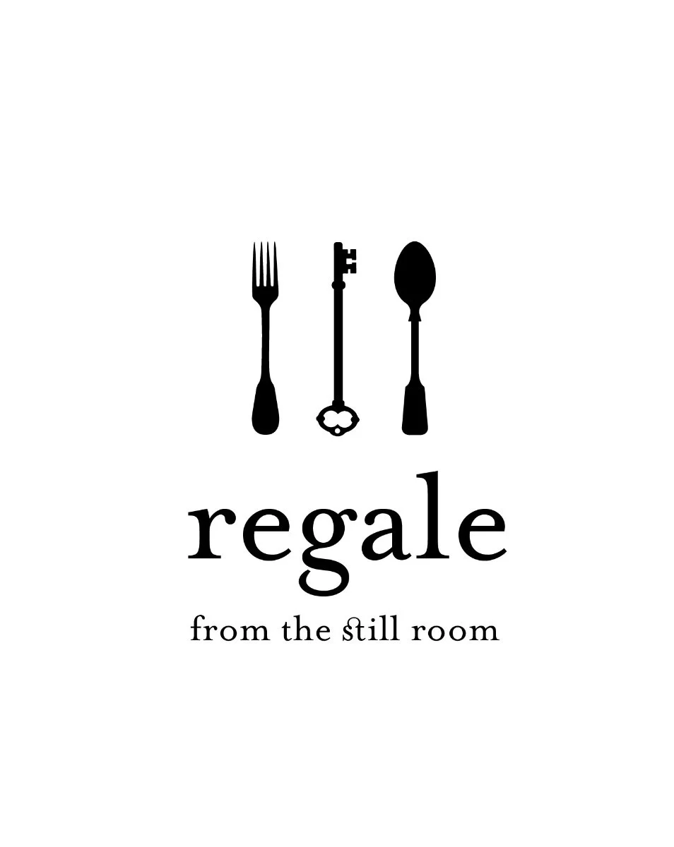 Logo with a fork, a key, and a spoon above the word 'regale' and the phrase 'from the still room'.