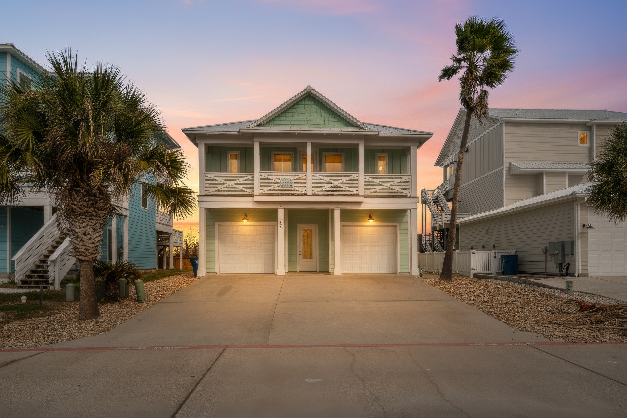 A two-story beach house with front porch, two garage doors, and palm trees on each side, during sunset.