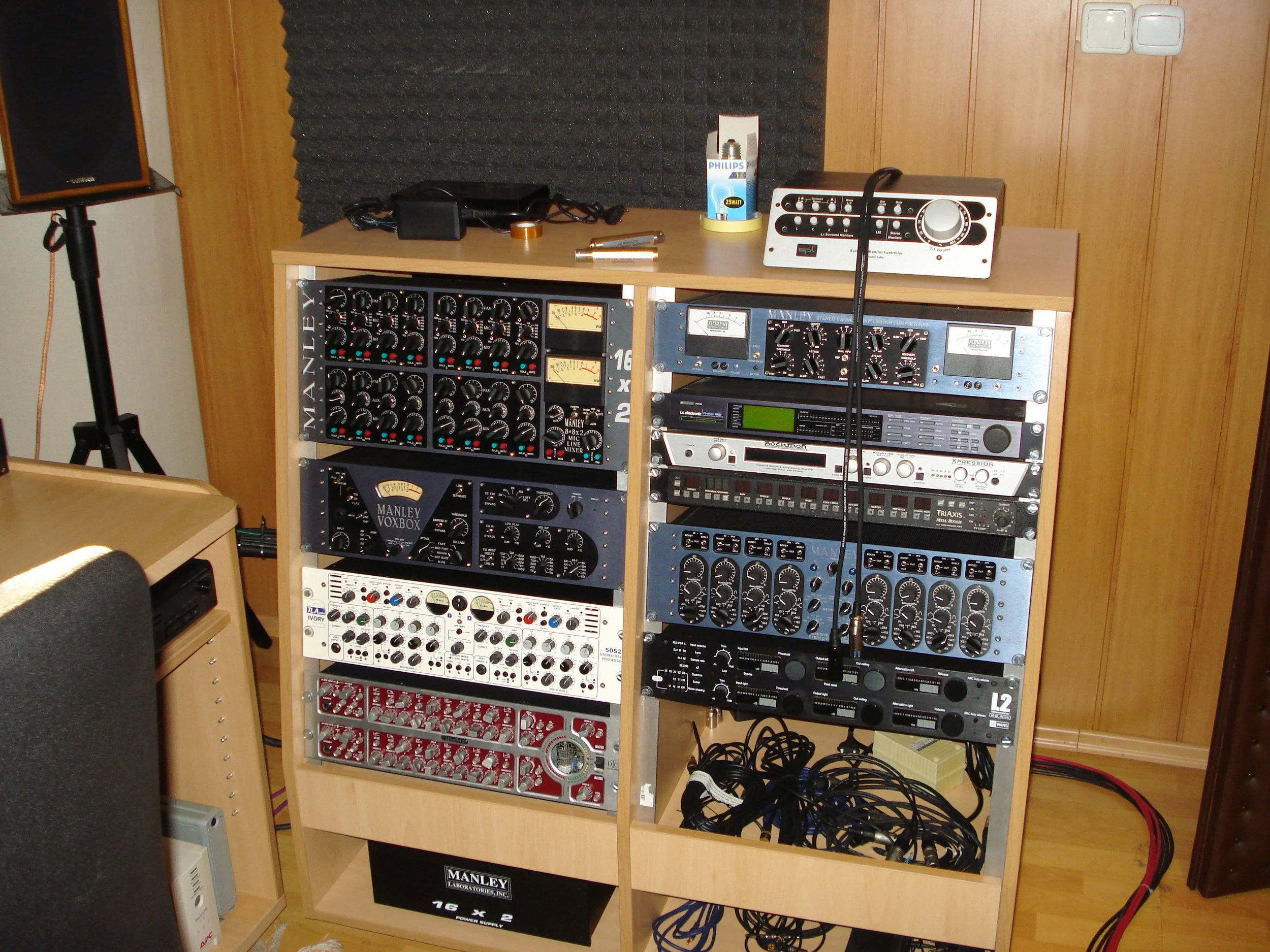 A wooden rack with audio equipment, including mixers, equalizers, and power supplies, in a recording studio. There are cables on the floor and foam soundproofing on the wall.