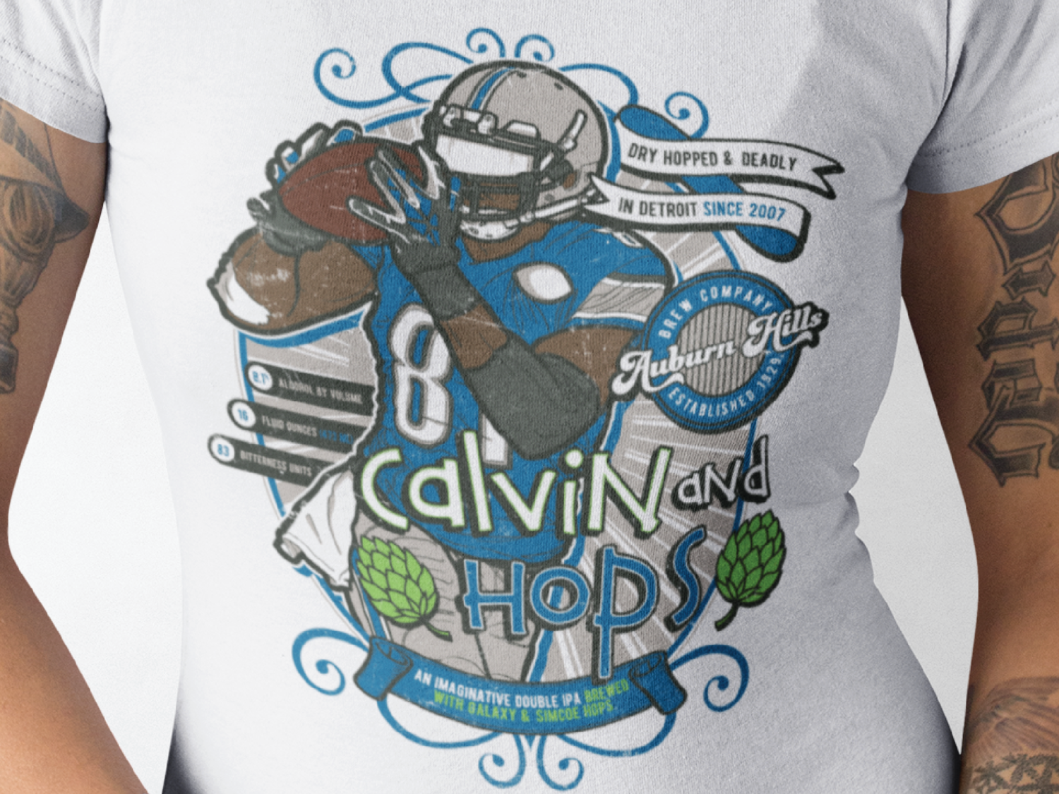 Calvin Johnson (Lions) Fake Craft Beer Label T-Shirt — Dustin Morrison Art