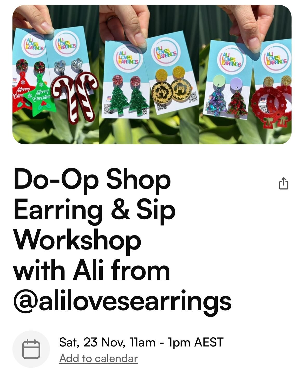 Making funky earrings &amp; sipping wine&hellip; it&rsquo;s the dream! 😍

Join Ali from @alilovesearrings this coming Saturday 23rd to create TEN of your own fun dangles &amp; studs&hellip;

You can make Christmas dangles to wear on the day plus you