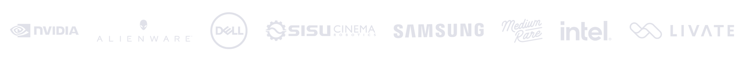 Collection of logos for NVIDIA, Alienware, Dell, Sisu Cinema Systems, Samsung, Medium Rare, Intel, and Livate.