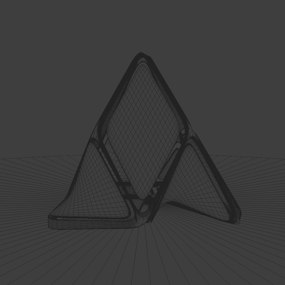 A wireframe 3D model of a pyramid-shaped object with three triangular sides, set on a grid surface.