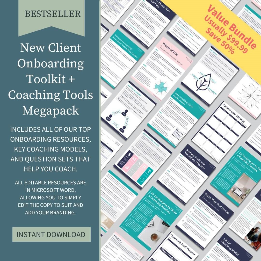 *BESTSELLER* New Client Onboarding + Coaching Tools Megapack

This welcome pack is jammed with top-quality resources to help you get started in your coaching practice.

First up, you get our bestseller New Client Onboarding Toolkit, including (1) New