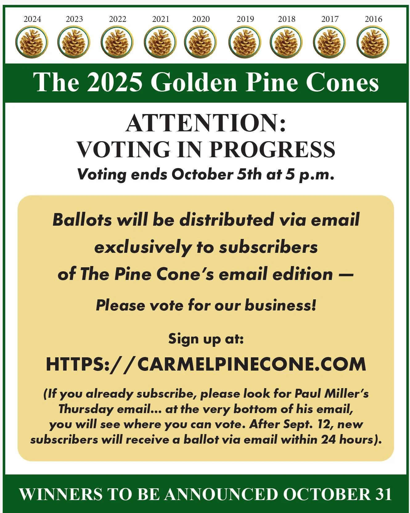 It is Time To Vote!⏰ ✅ We hope you will vote for Joining Hands Benefit Shop for the Carmel Pine Cone Golden Pine Cone Award in the following category, in Services &amp; Health Care at https://www.surveymonkey.com/r/5C6RQYS

&bull; My Favorite Non-Pro