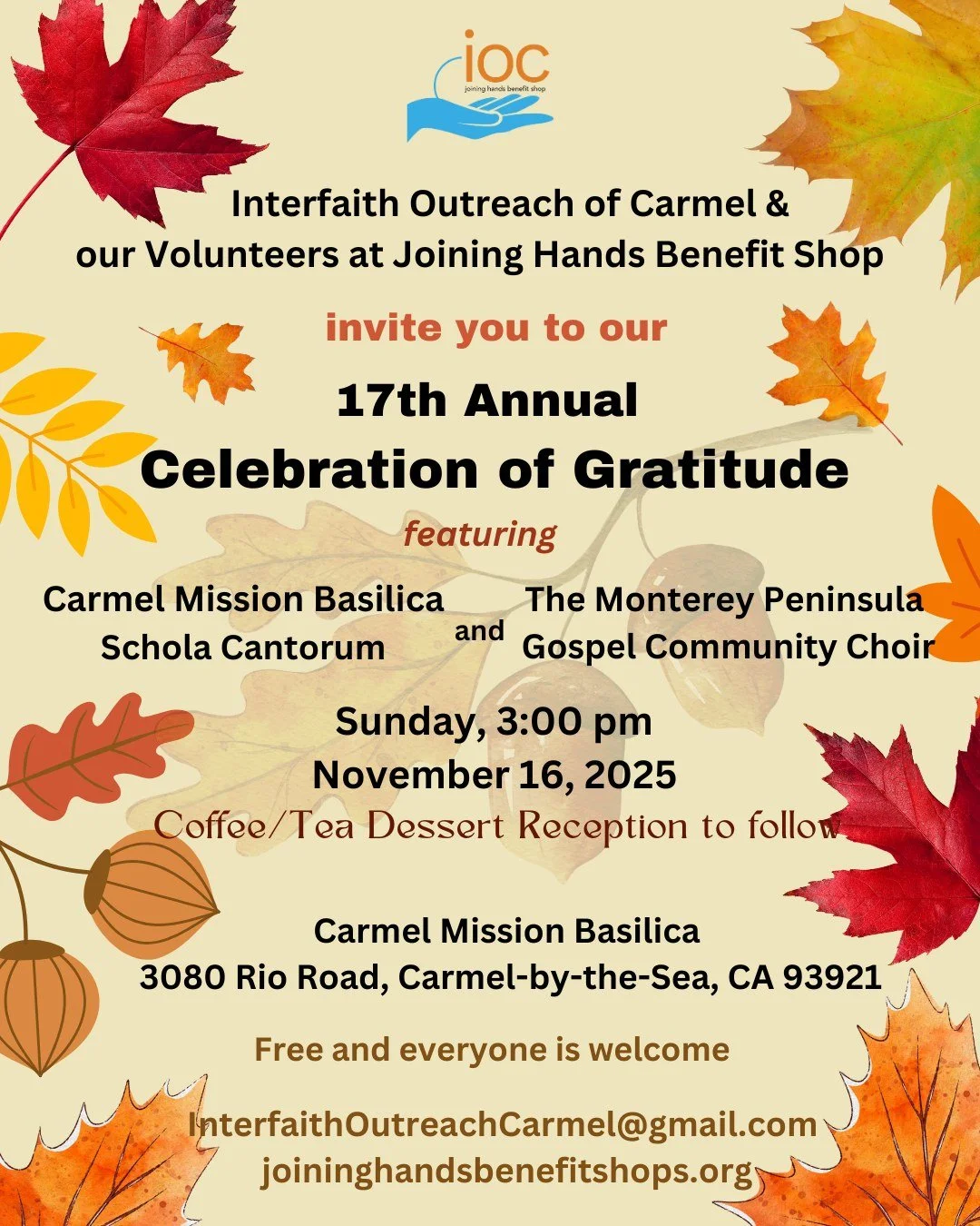 🌿 Join us for the 17th Annual Celebration of Gratitude! 🎶 On Nov 16 at 3:00 pm, Carmel Mission Basilica hosts a soul-stirring performance by Schola Cantorum and Gospel Community Choir. ☕ Enjoy a coffee/tea dessert reception after. Free and open to 