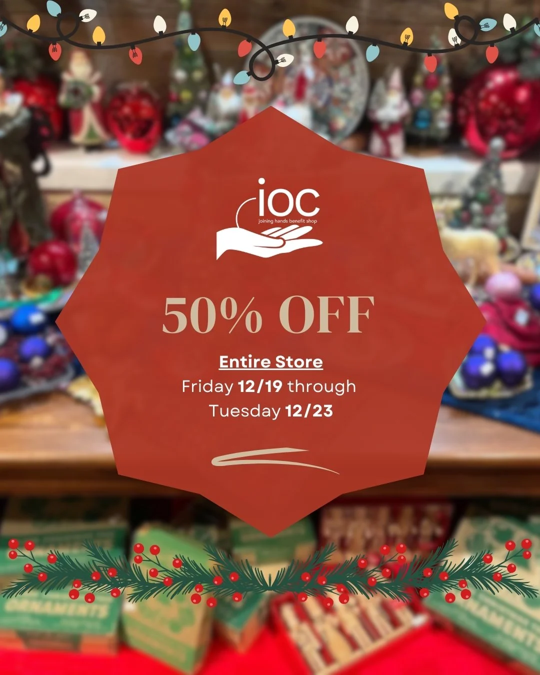 Last chance to shop and save before the holidays.

The Joining Hands Benefit Shop is offering 50% off the entire store for a limited time&mdash;Friday, December 19 through Tuesday, December 23. From unique holiday d&eacute;cor and gifts to clothing, 