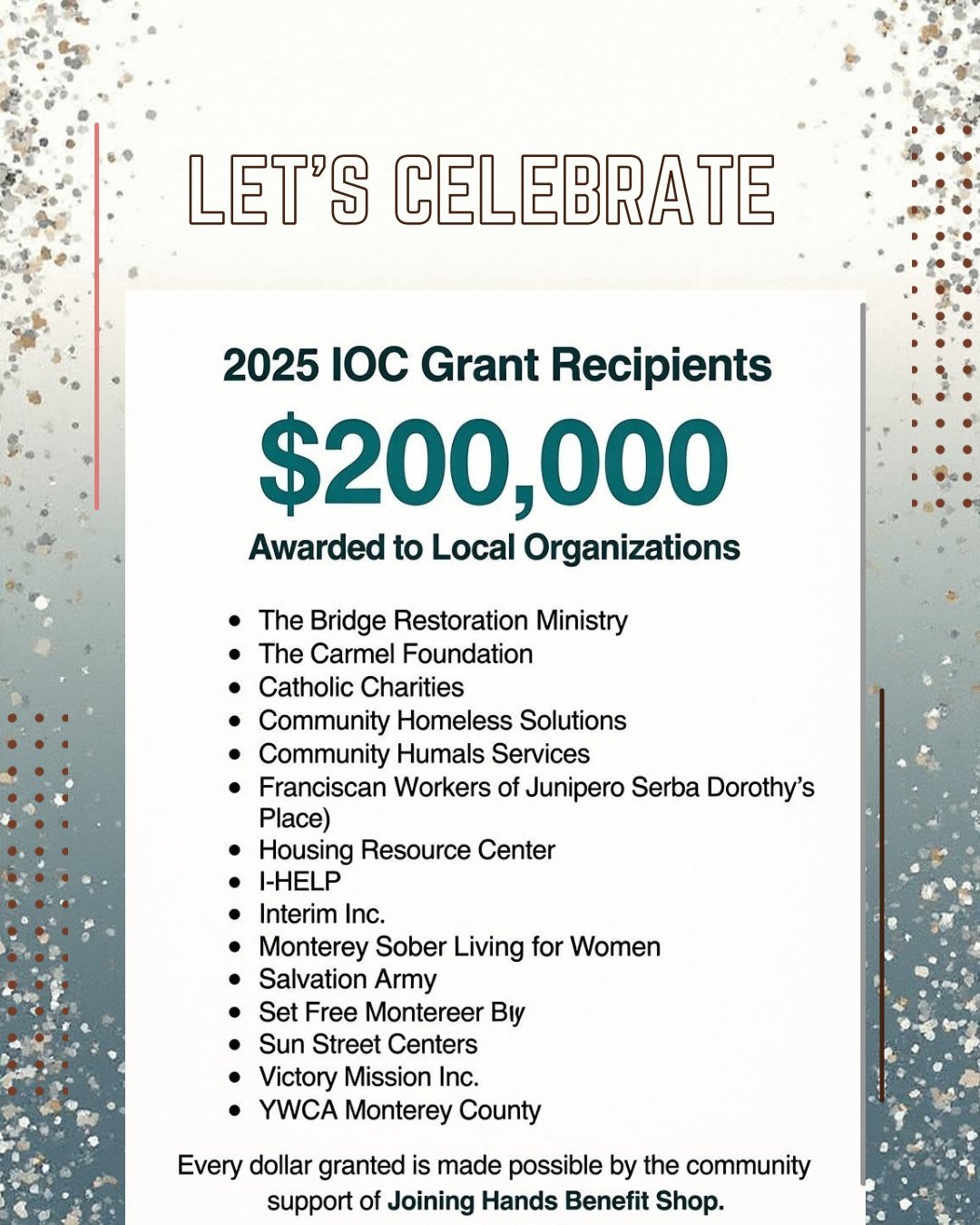 Interfaith Outreach of Carmel is proud to announce its 2025 IOC Grant Recipients, with $200,000 awarded through proceeds from Joining Hands Benefit Shop.
These grants support local organizations providing emergency, transitional, recovery, and long-t