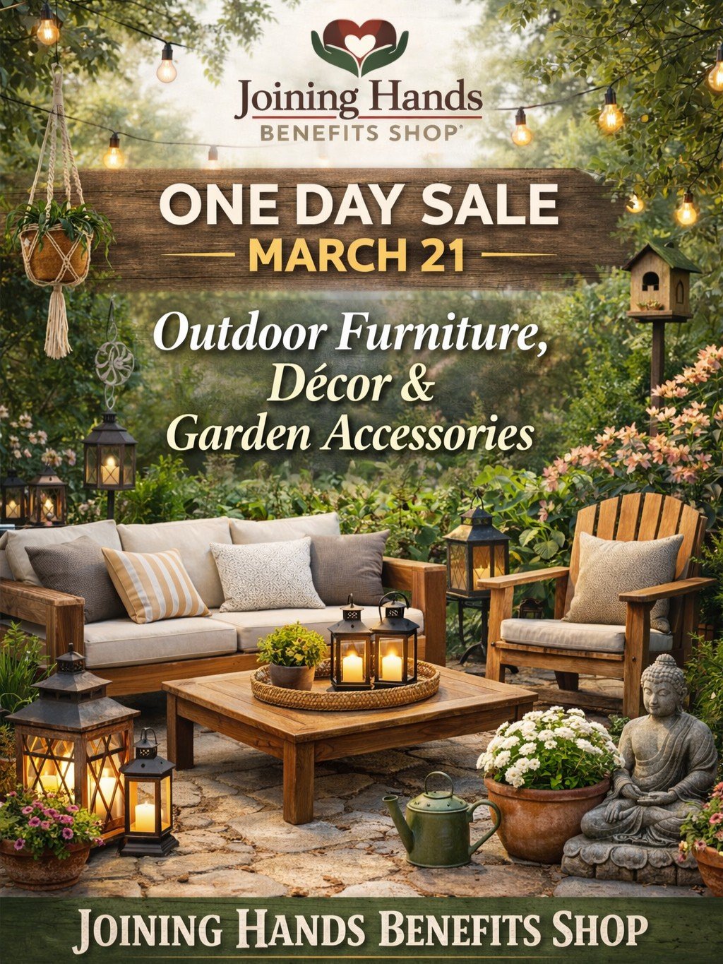 Thinking ahead to spring gatherings and outdoor living?

Our Garden &amp; Patio Event on March 21 features a special selection of outdoor furniture, d&eacute;cor, and garden accents designed to help you create a welcoming space at home.

Every purcha