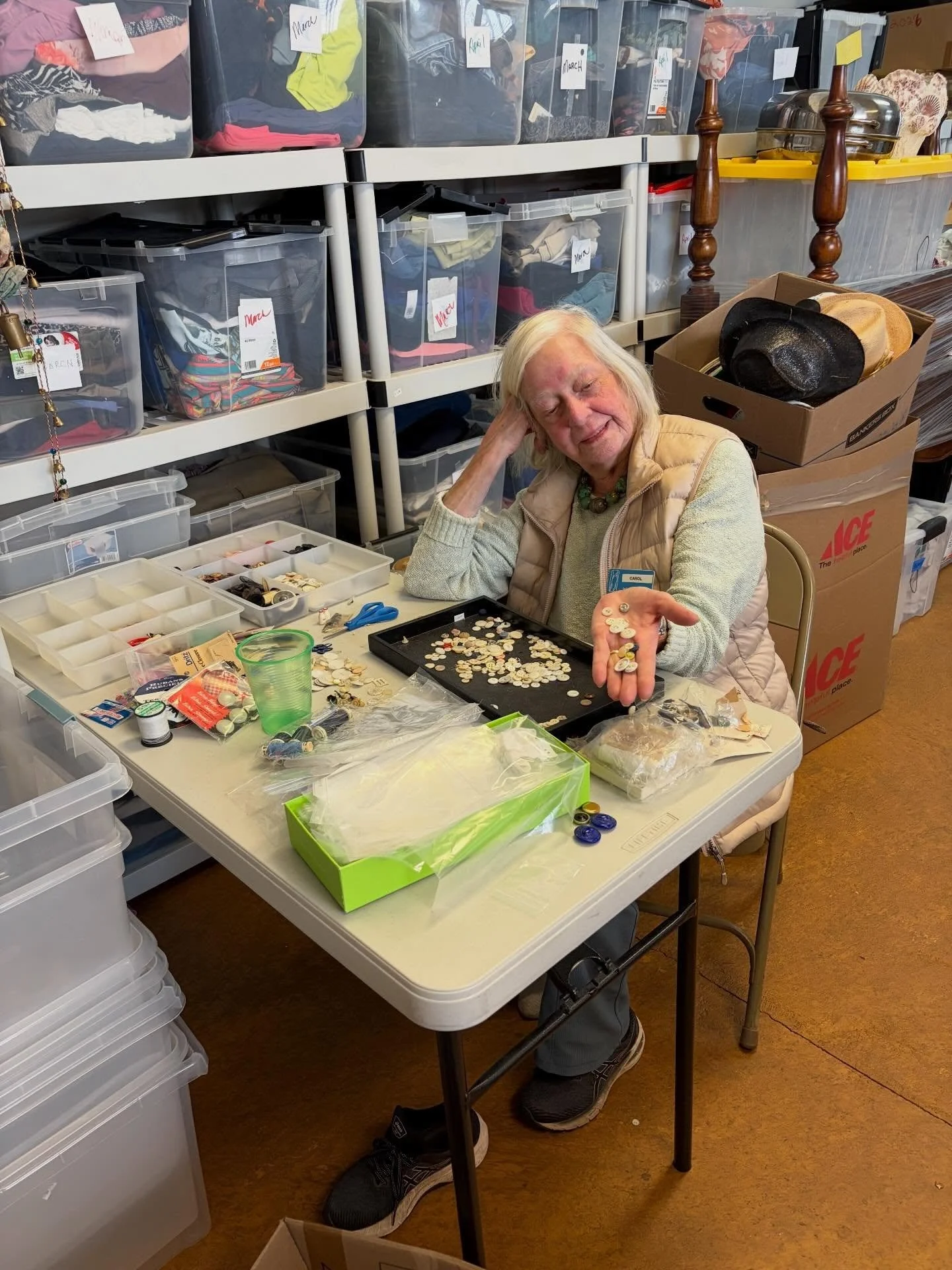Volunteers are the essence of our mission. Carol is hard at work preparing a donation of sewing notions for the sales floor.  Happy Volunteer Appreciation Week! #volunteer #alleviatehomelessness #benefitshop #thrift #givebacktothecommunity