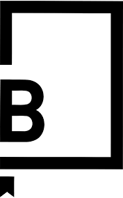Graphic design featuring a large letter B inside a rectangle with black and white geometric shapes.