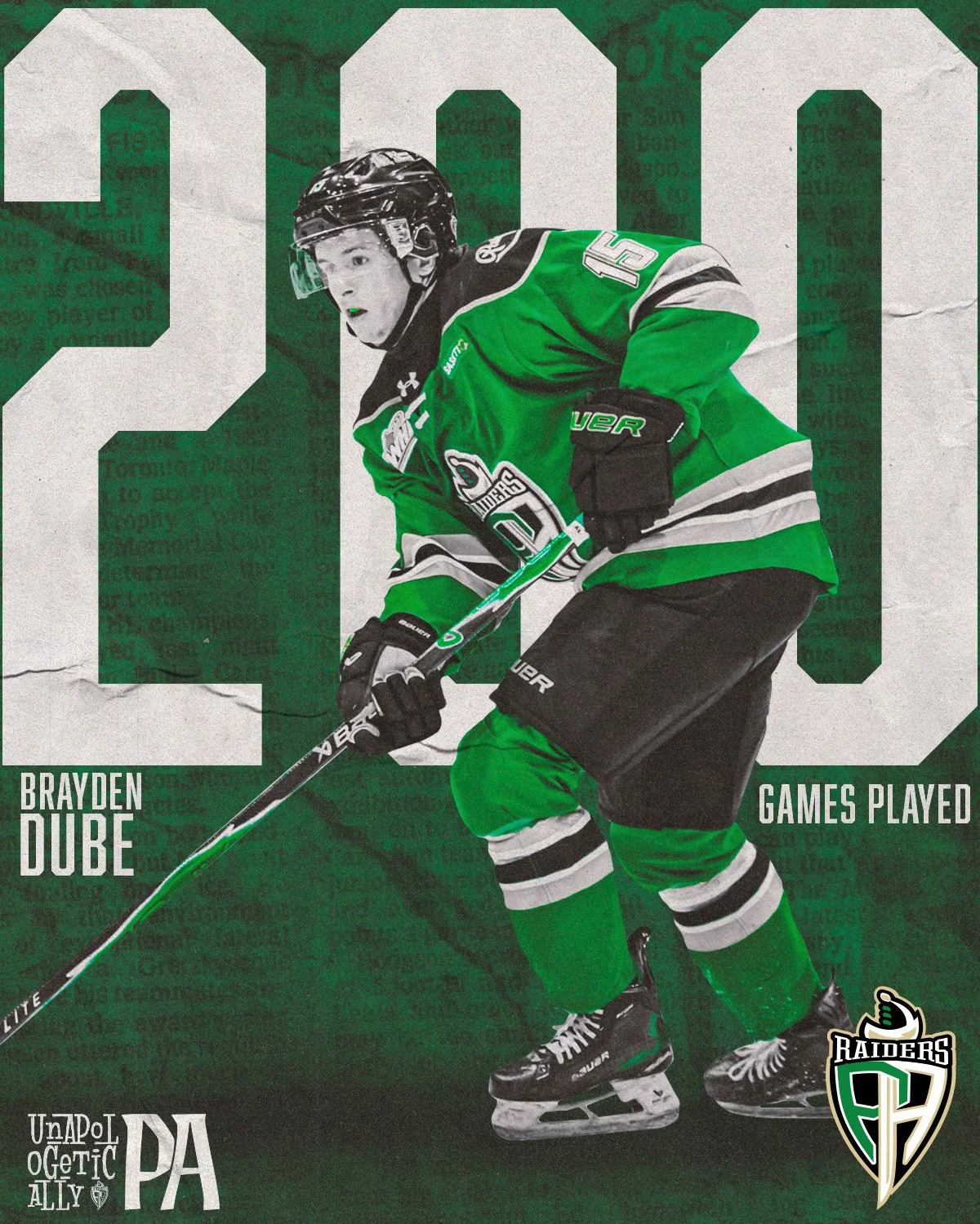 A hockey player in a green uniform skating with a stick. Large number 200 in the background, text indicating 'Brayden Dube' and 'games played,' and a Raiders team logo.