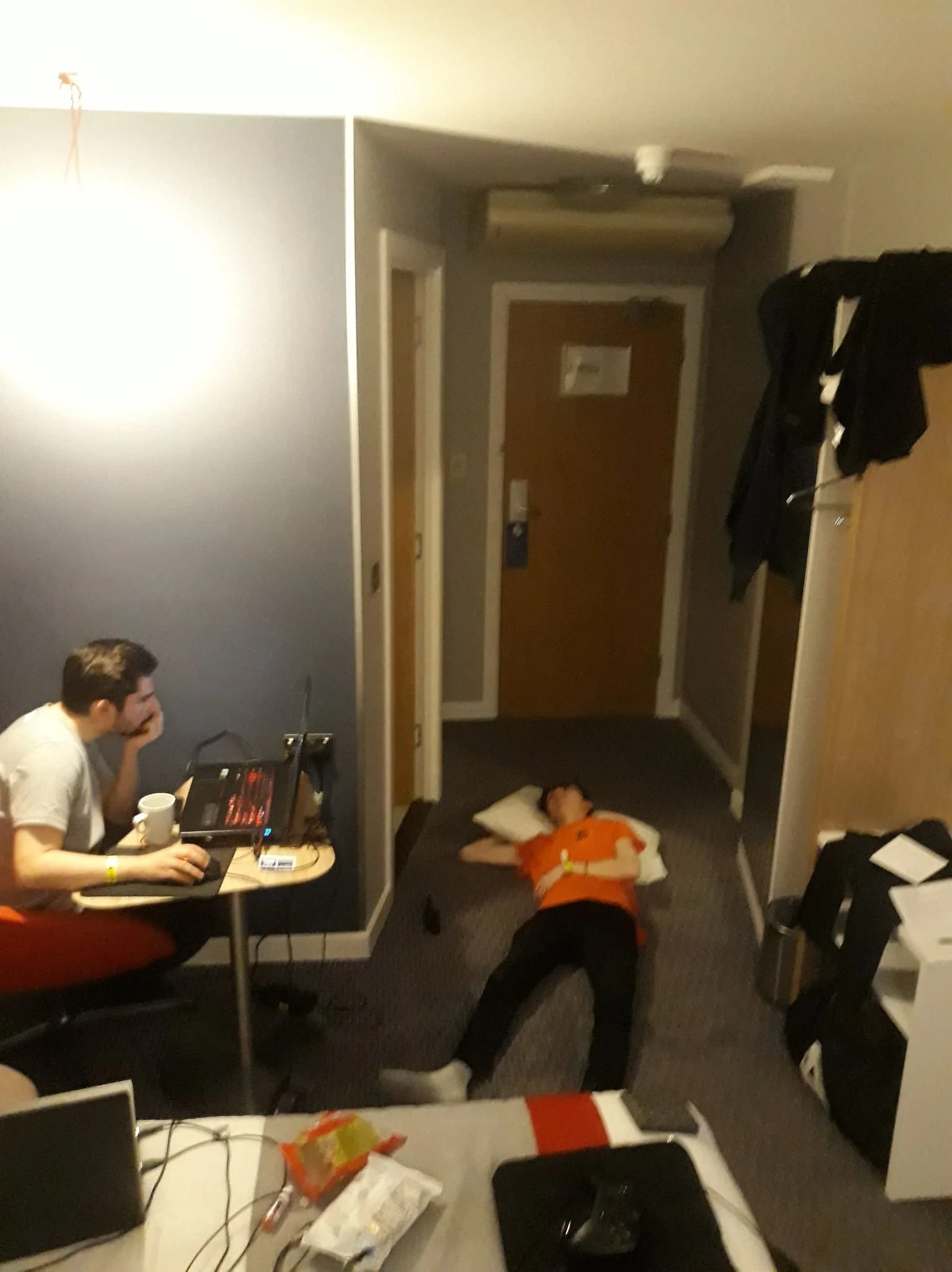 Working late at the hotel on the first night