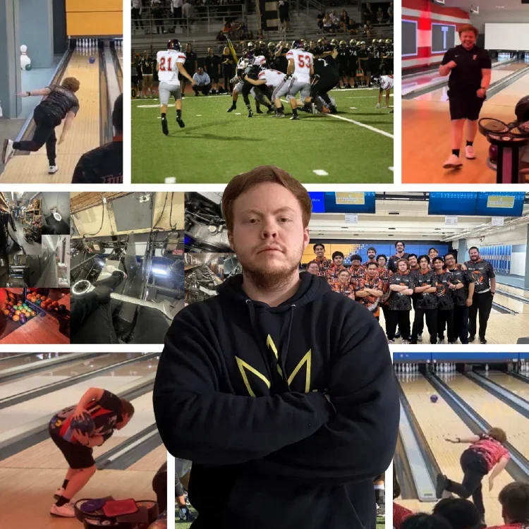 A collage of various activities including a person bowling, a football game with players tackling, a person in a bowling alley, a child bowling, a group of young people in matching uniforms at a bowling alley, a person using machinery in an industrial setting, a person throwing a ball at a bowling lane, and a young girl bowling. The central figure is a man with crossed arms wearing a black hoodie.