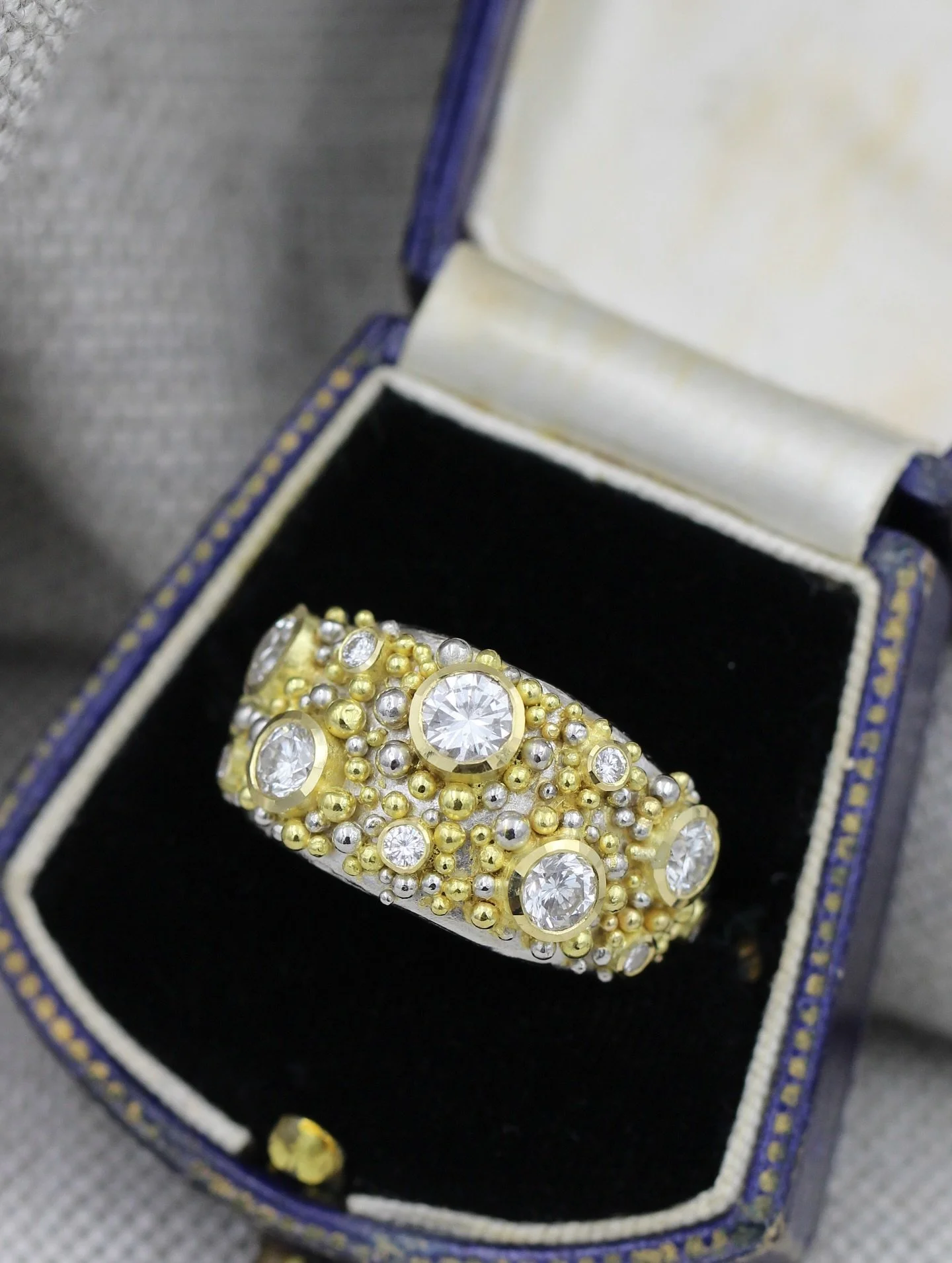 💥 Showstopper 💥 an absolute dream to create one of my granulated Bomb&eacute; rings in Platinum &amp; 18ct Yellow Gold 💫 Set with a carpet of heirloom diamonds and mixed metal granulation, creating a dizzying spectacle of colour, glimmer and beaut