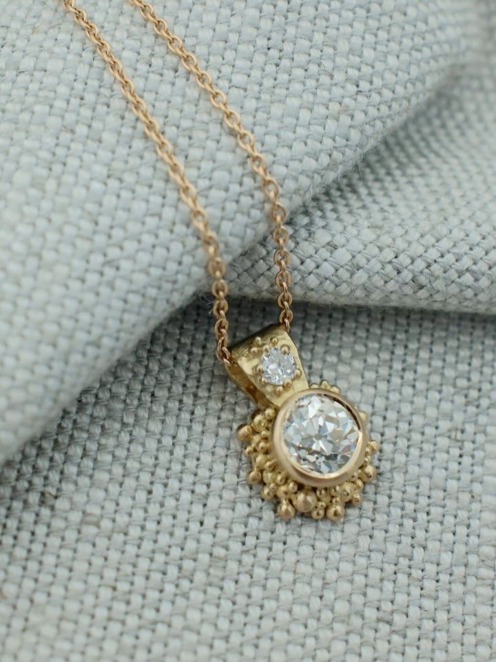 A stunning 1.4ct Diamond necklace to add to a clients collection for her 60th Birthday celebration. For this project I sourced a selection of old-cut diamonds for her to choose from- some cushion, some more rounded, so she could create a necklace to 