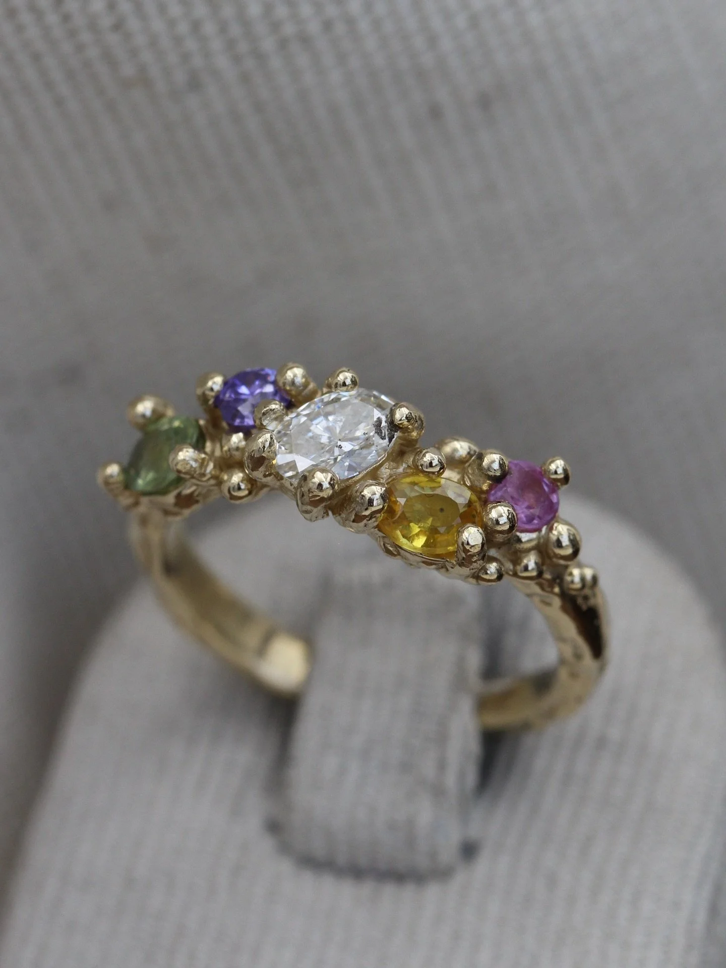 Happy Bank Holiday 💛🩷🩵. A gorgeous remodel of a clients Sri Lankan sapphires &amp; a platinum and diamond ring she loved and no longer wore, into this dreamy multi-coloured cluster band. Swipe for the before! 

Sunshine in a ring&hellip; 🌞 

LS. 