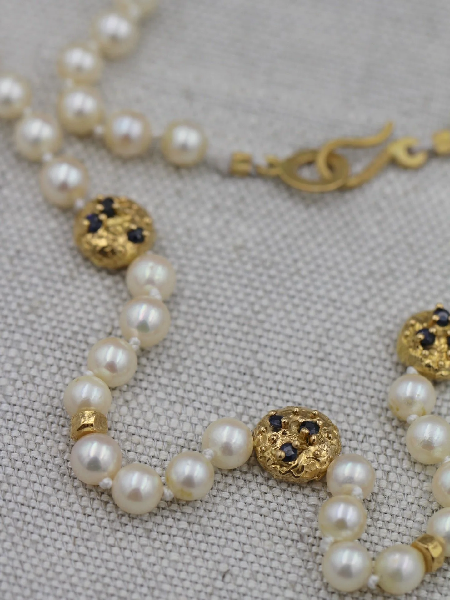 A gorgeous string of pearls that was given a new lease of life. Redesigned from a 22ct gold necklace &amp; set with preloved sapphires from a collection of rings, both of which my client loved but no longer wore. I had the delight of creating a new d