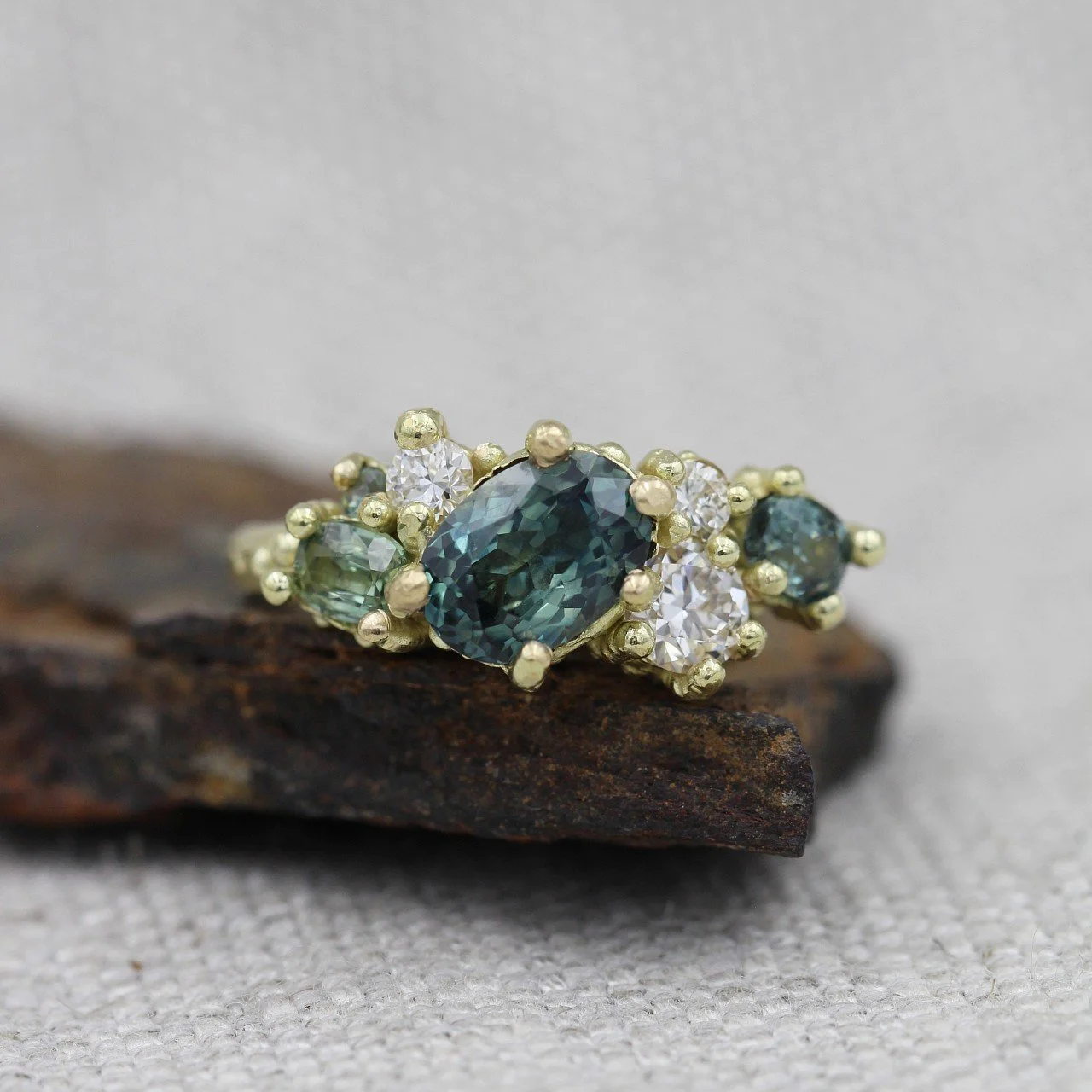 Theia- Teal Sapphire & Diamond Cluster Ring