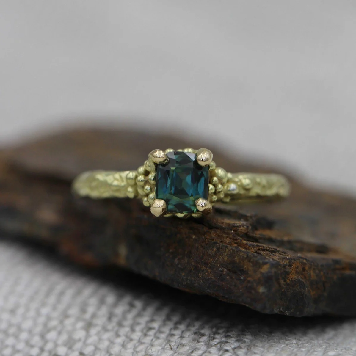 Bridgette- Teal Cushion Sapphire Ring