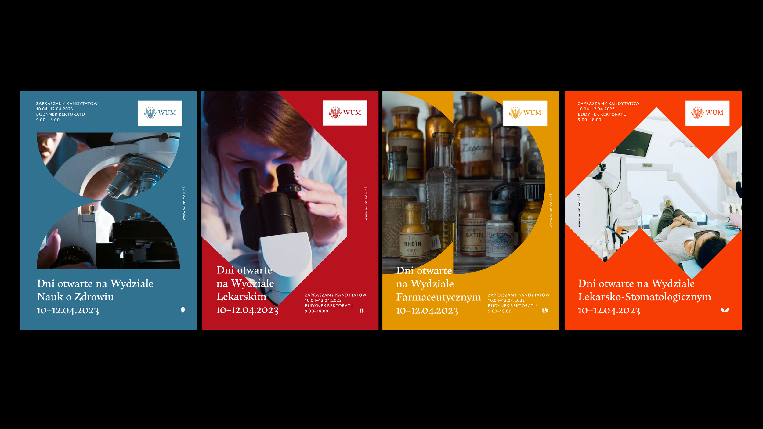 Four posters advertising open days at different university departments, including Health Sciences, Medical, Pharmaceutical, and Dental, with dates from April 10 to 12, 2023, in Polish.