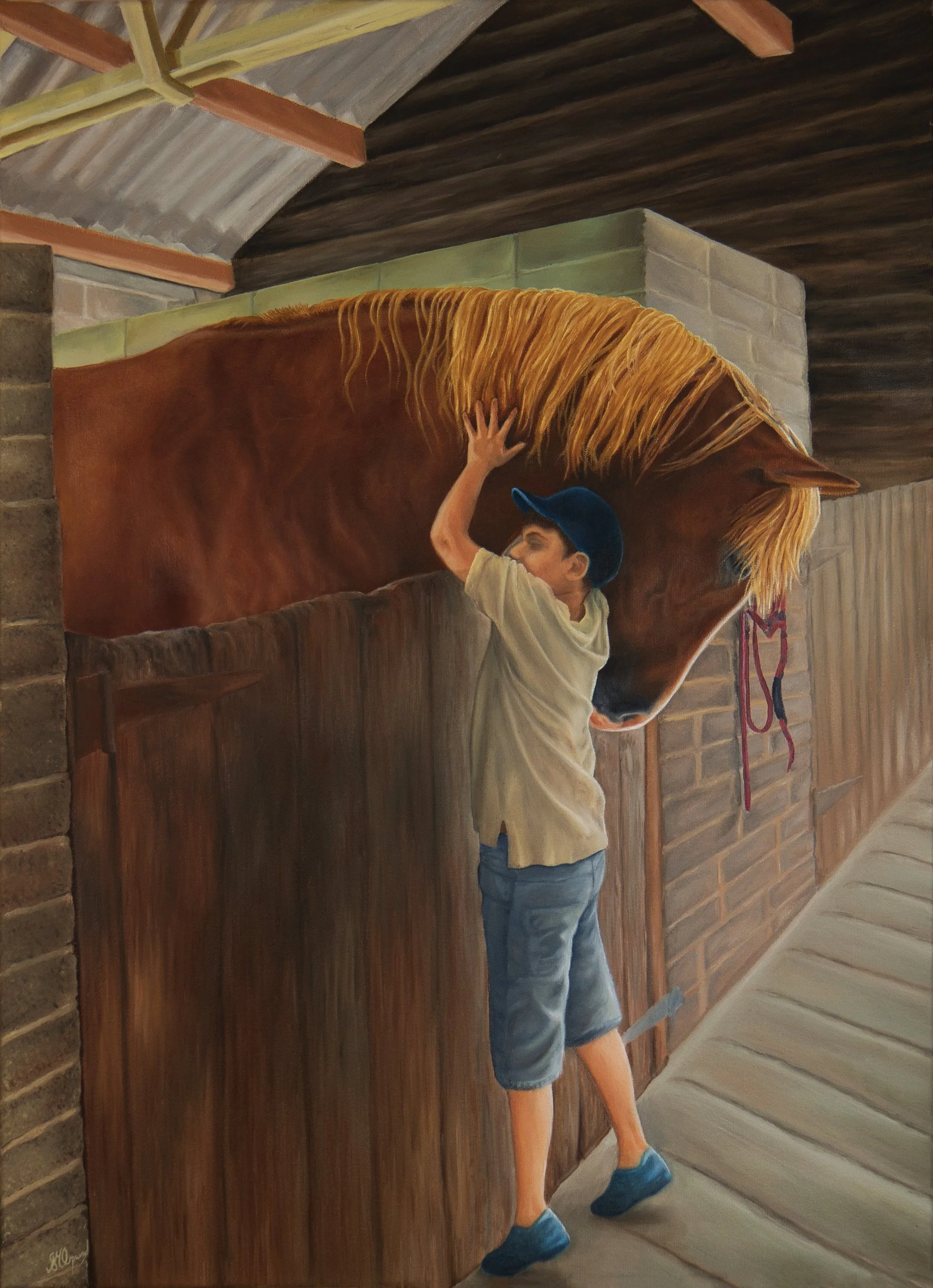 Orpwood Fine Art,The Horse's Embrace is Like No Other, S M Myles Orpwood, Susannah Orpwood, Oil painting of a boy and a horse.jpg