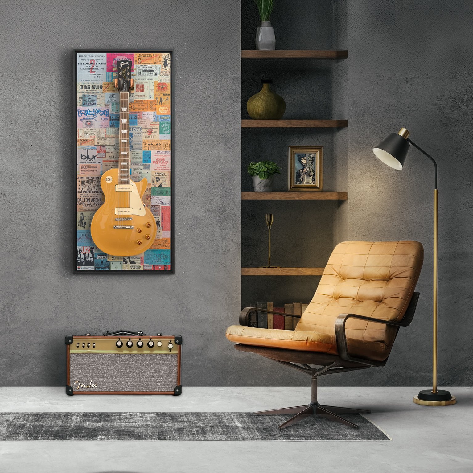 A guitar frame hanging a guitar above an amplifier