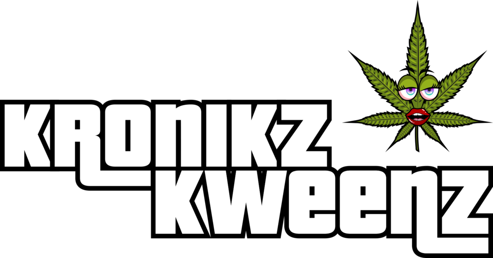 Stylized cannabis leaf with anthropomorphic eyes and lips, with bold white text reading 'KRONKZ KWEEZ' on a black background.