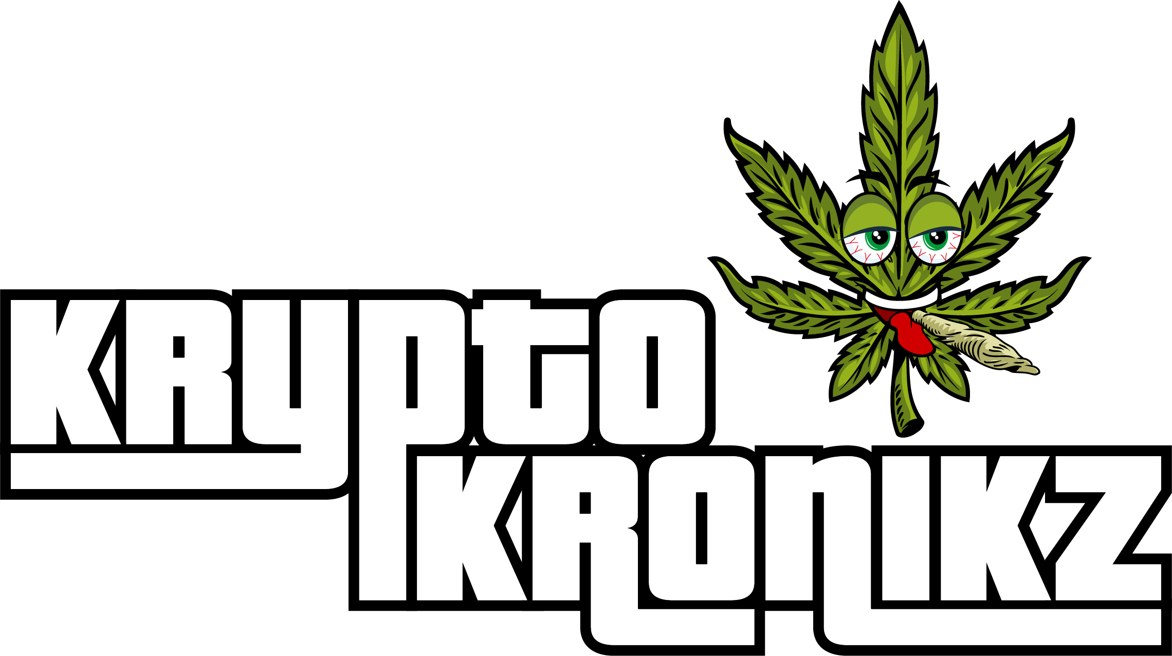 Stylized logo with the words 'KAYITO KRAKUZ' in bold white font on a black background, accompanied by a cartoon marijuana leaf character with green eyelids, red veins, a tongue sticking out, and a beige rolled joint in its mouth.